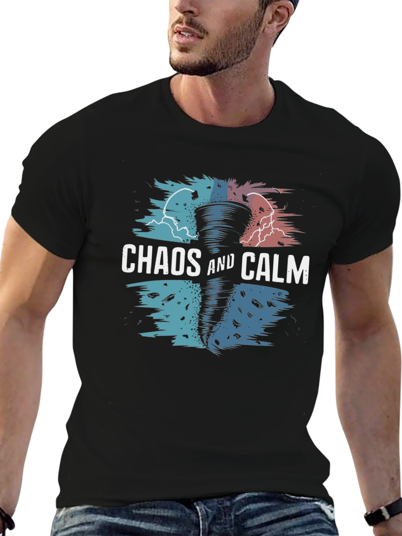 Black Chaos and Calm Graphic Print Crew Neck T-Shirt view 6