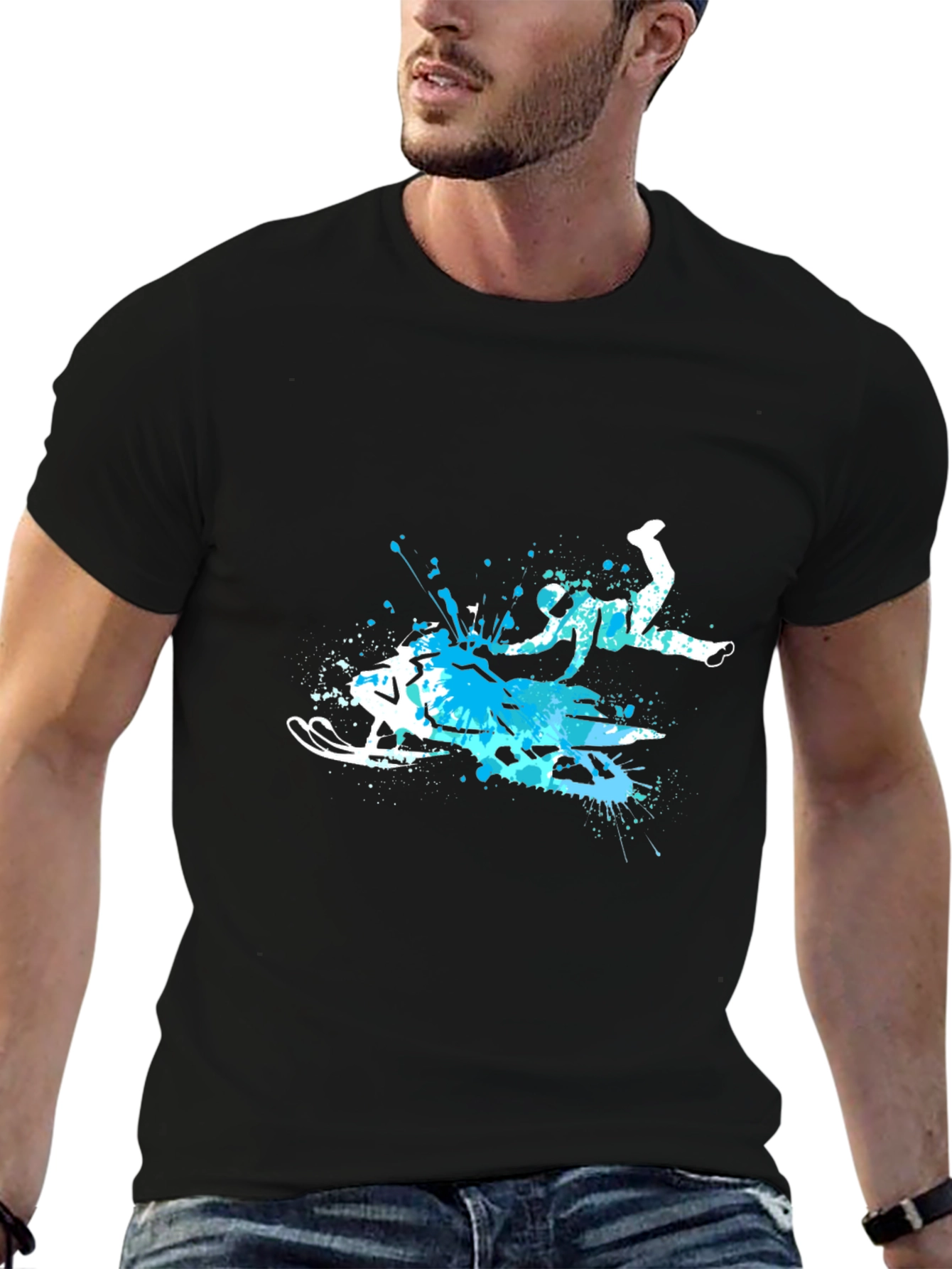 Black Snowmobile Splash Art Graphic Tee - Cool Sport T-Shirt view 6
