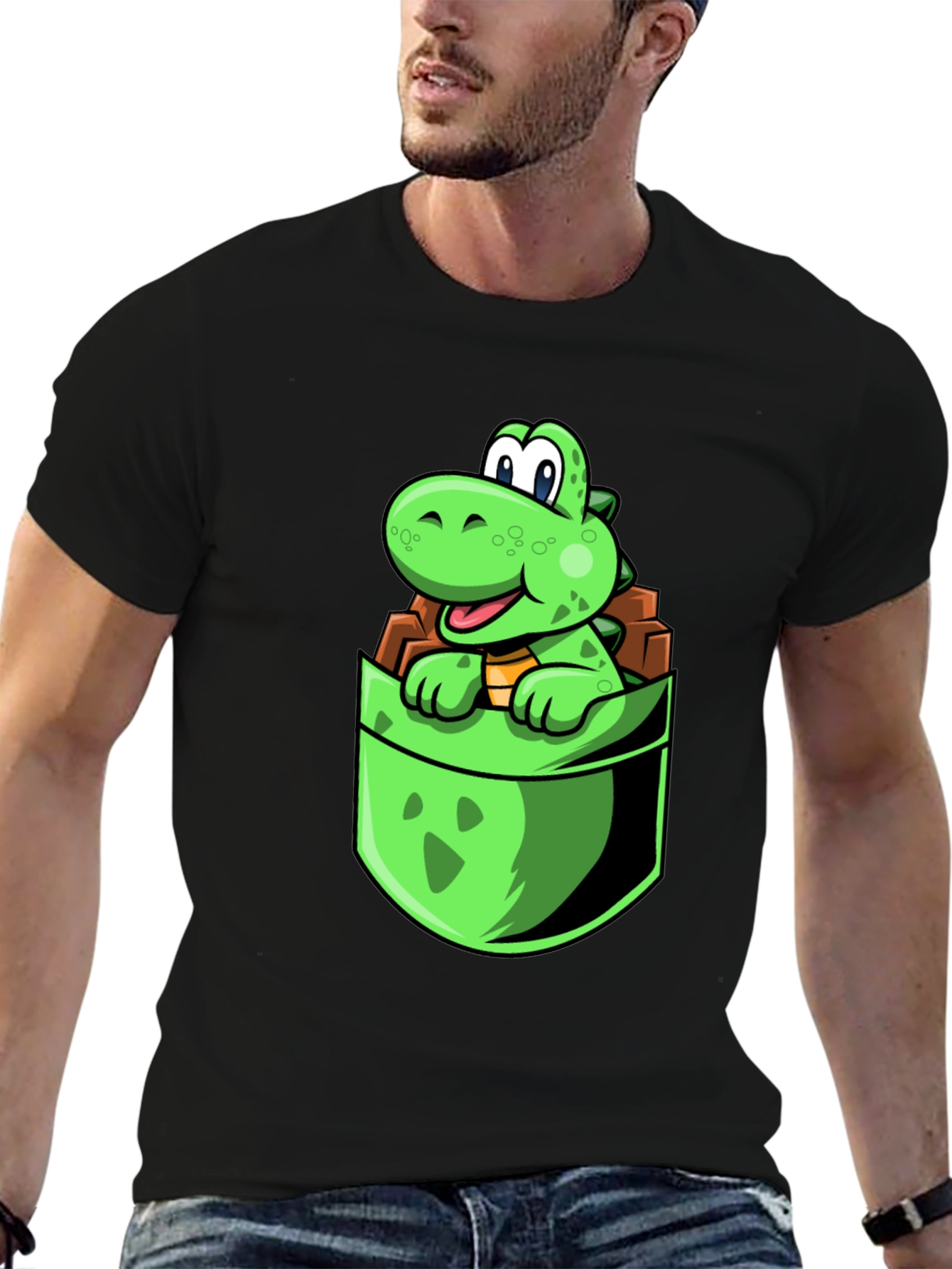 Black Dino Pocket Tee - Cute Cartoon Dinosaur Black T-Shirt view 6