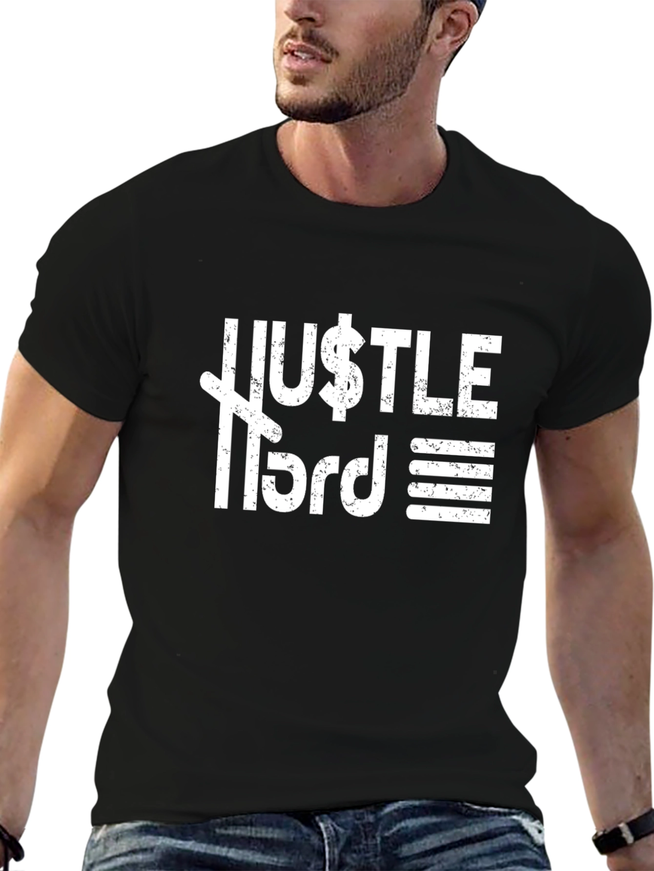 Black Hustle Hard Graphic T-Shirt - Black Crew Neck view 6