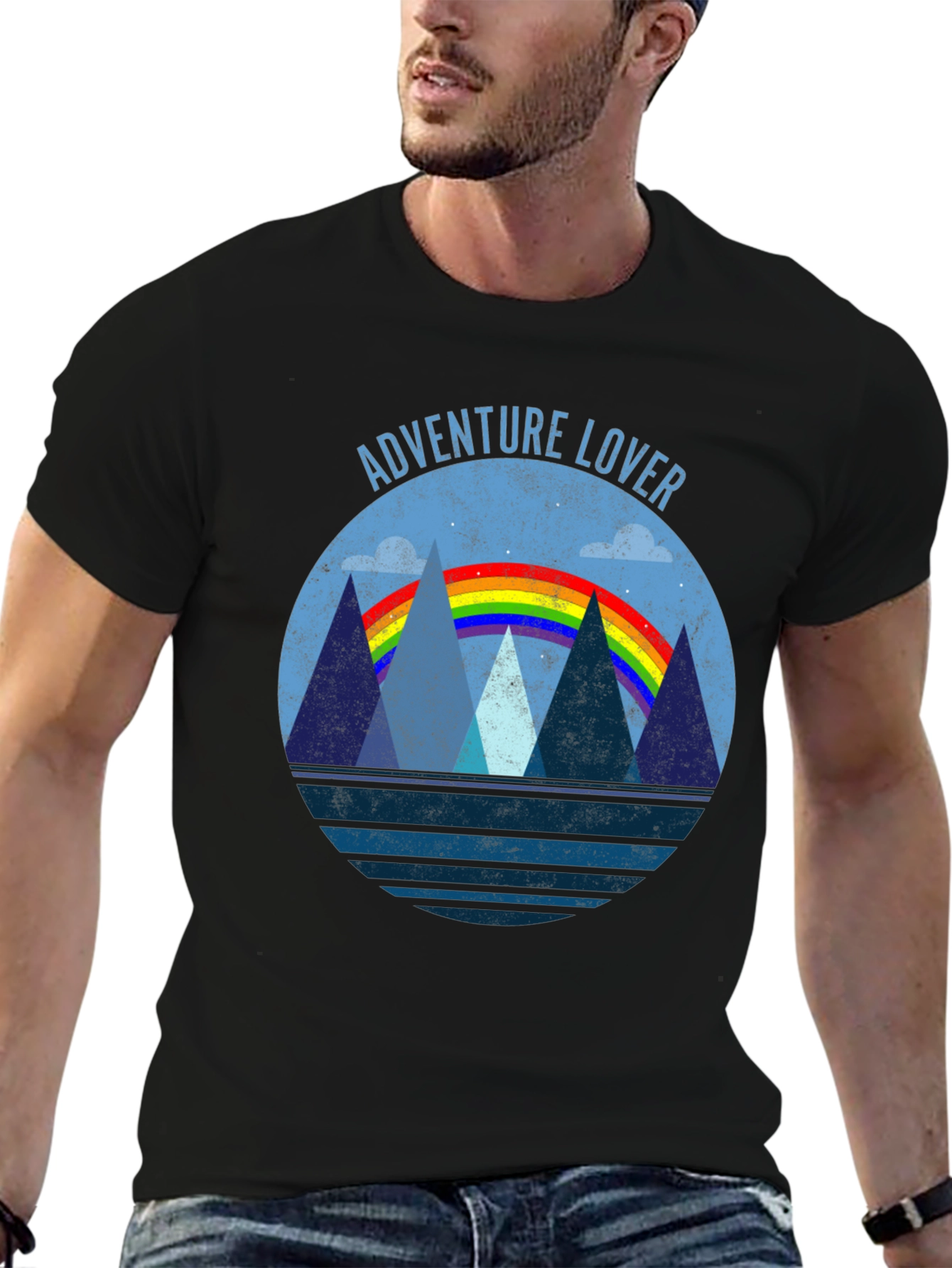 Black Adventure Lover Graphic Tee | Mountain Rainbow Design view 6