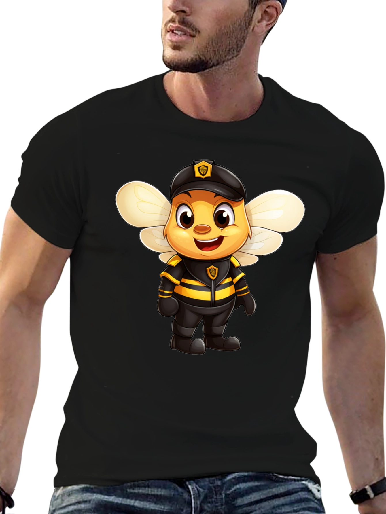 Black Cartoon Bee Police Officer Graphic Tee view 6