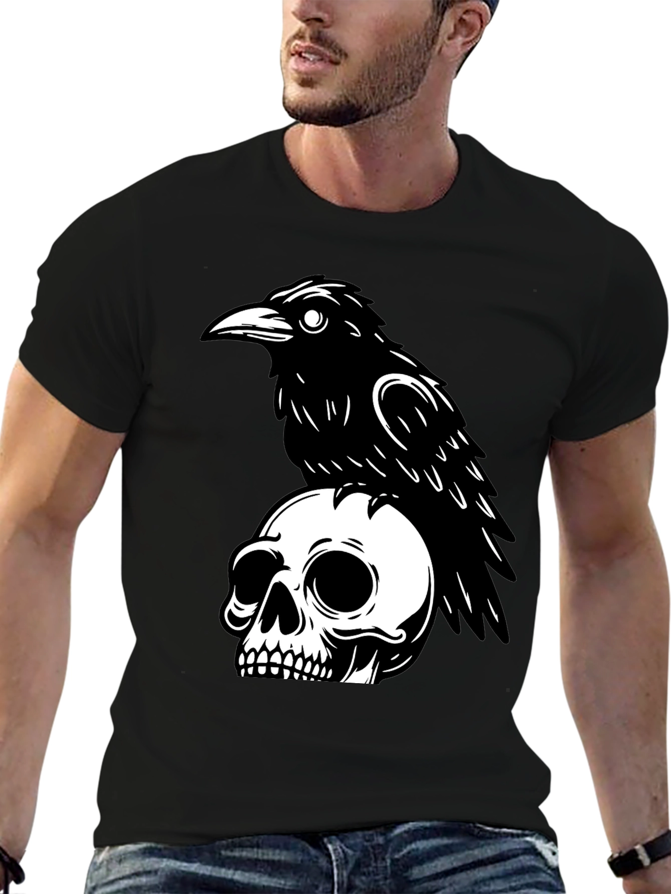 Black Raven on Skull Graphic T-Shirt - Black view 6