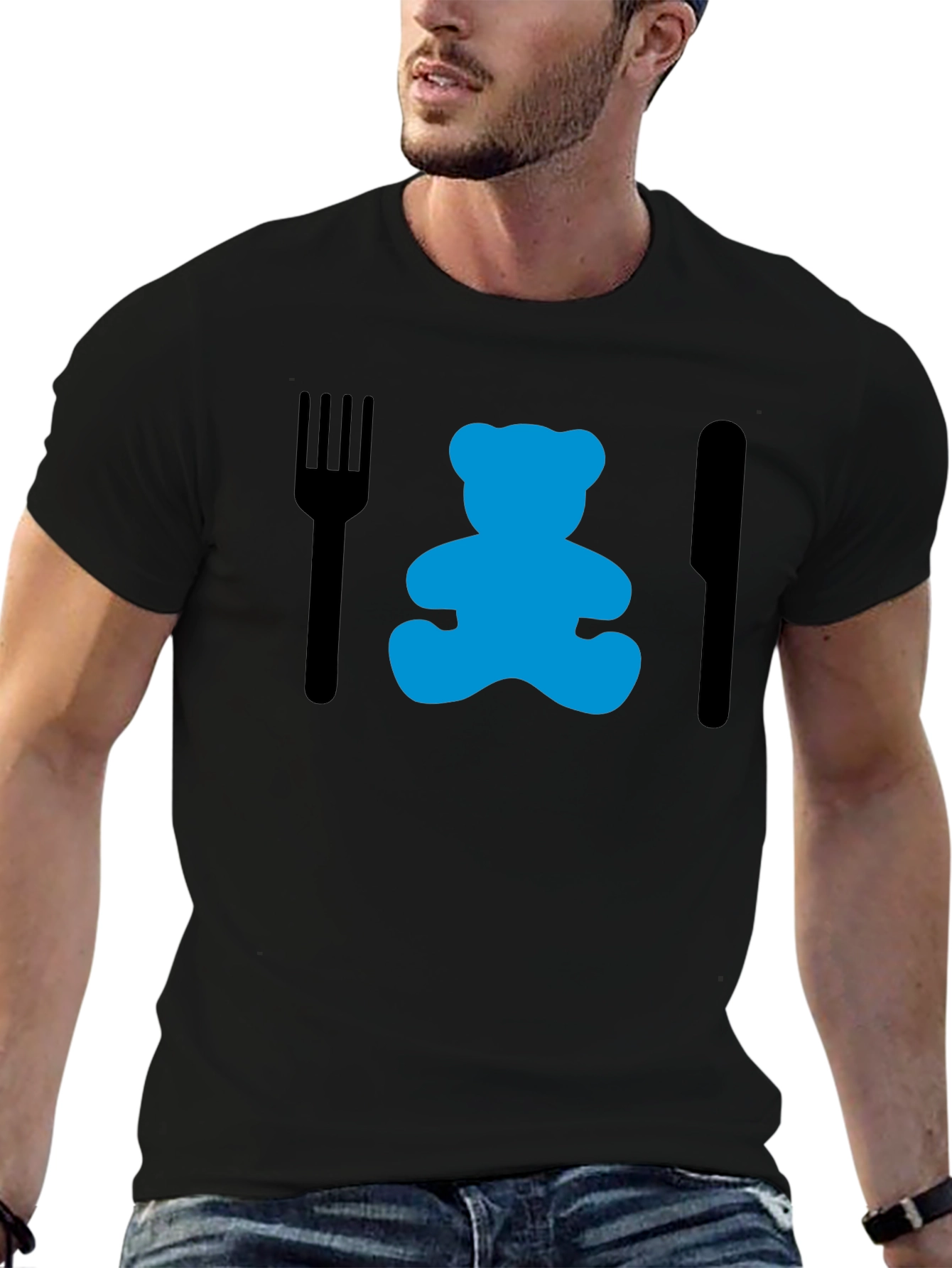 Black Funny Teddy Bear Dinner T-Shirt - Black view 6