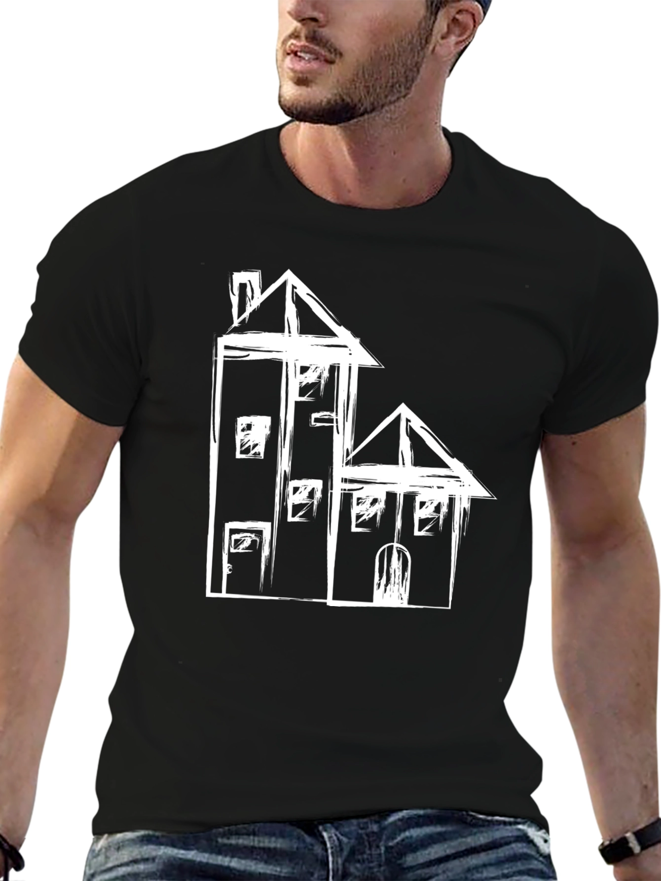 Black Abstract House Graphic Black Tee view 6