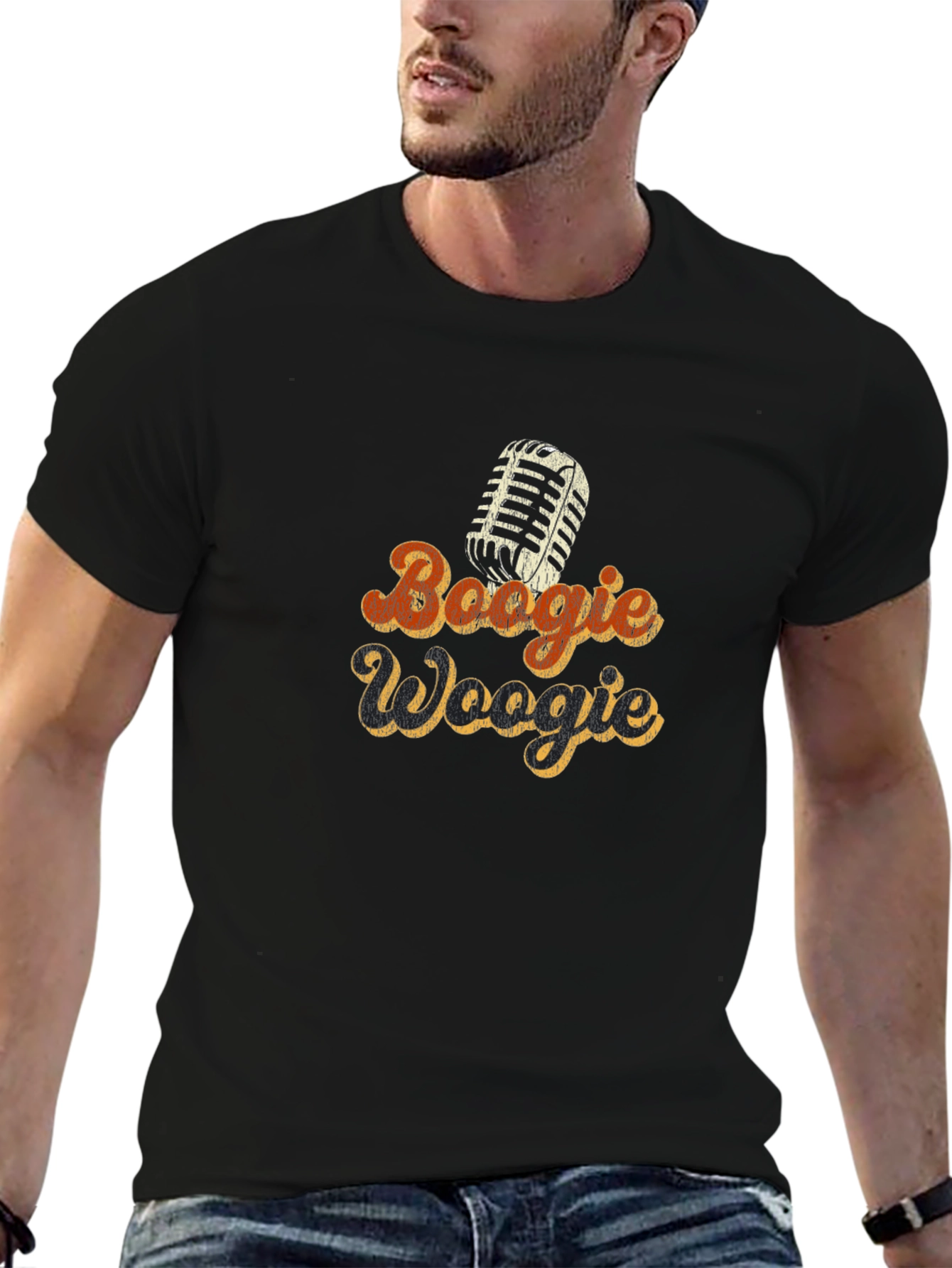 Black Retro Boogie Woogie Microphone Graphic T-Shirt view 6