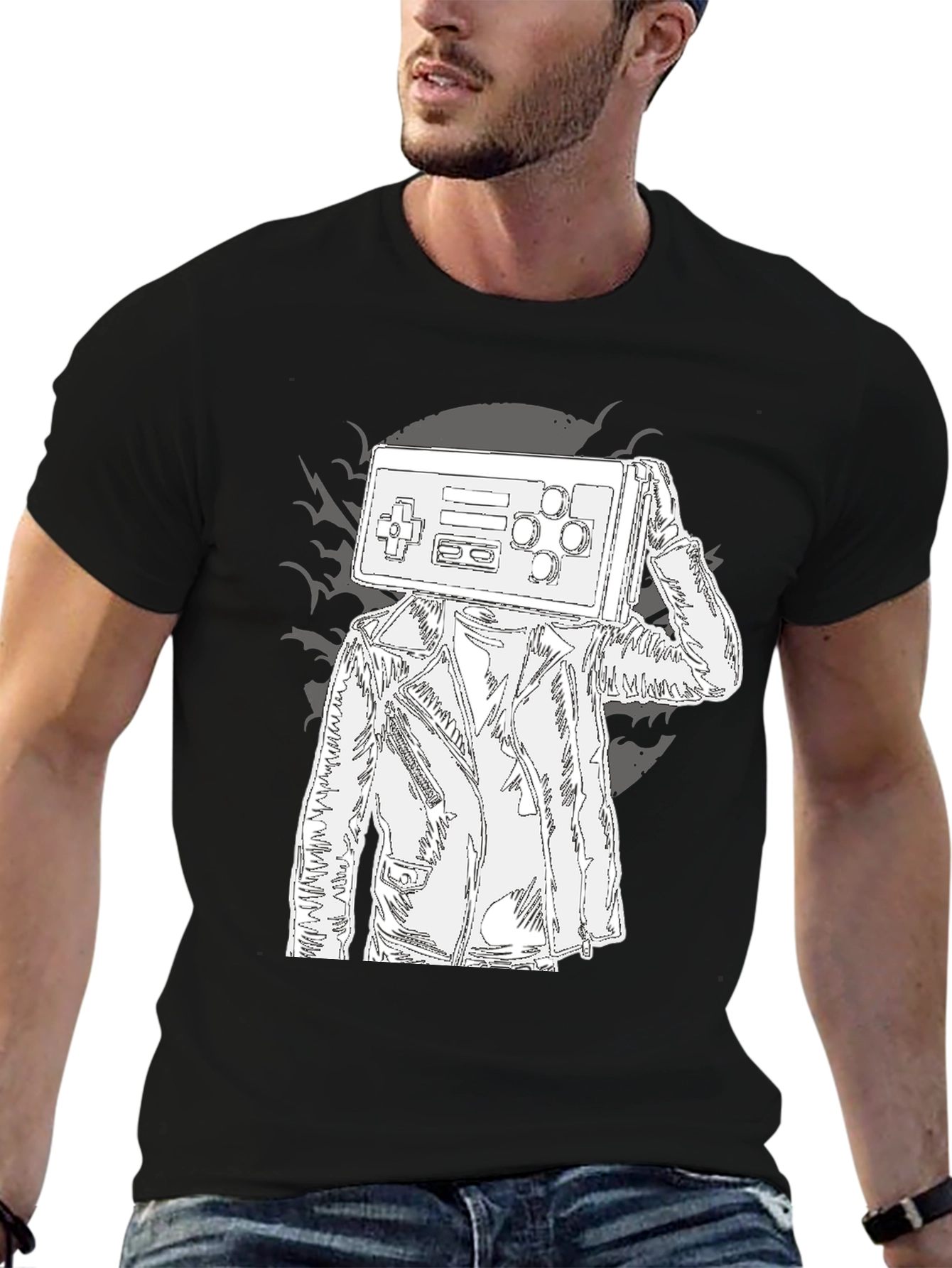 Black Retro Game Controller Head Graphic Tee view 6