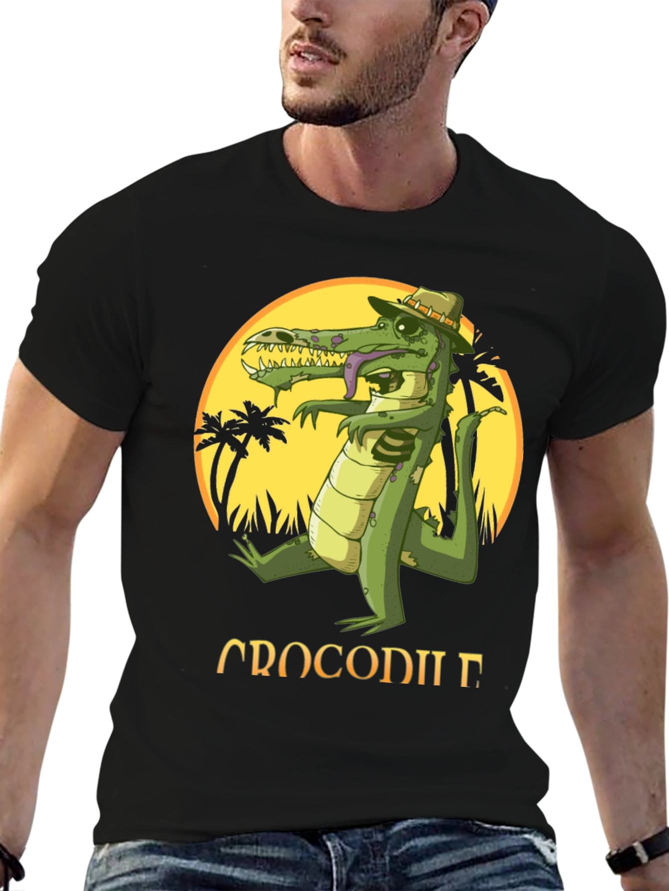 Black Cool Crocodile Cartoon Graphic T-Shirt view 6