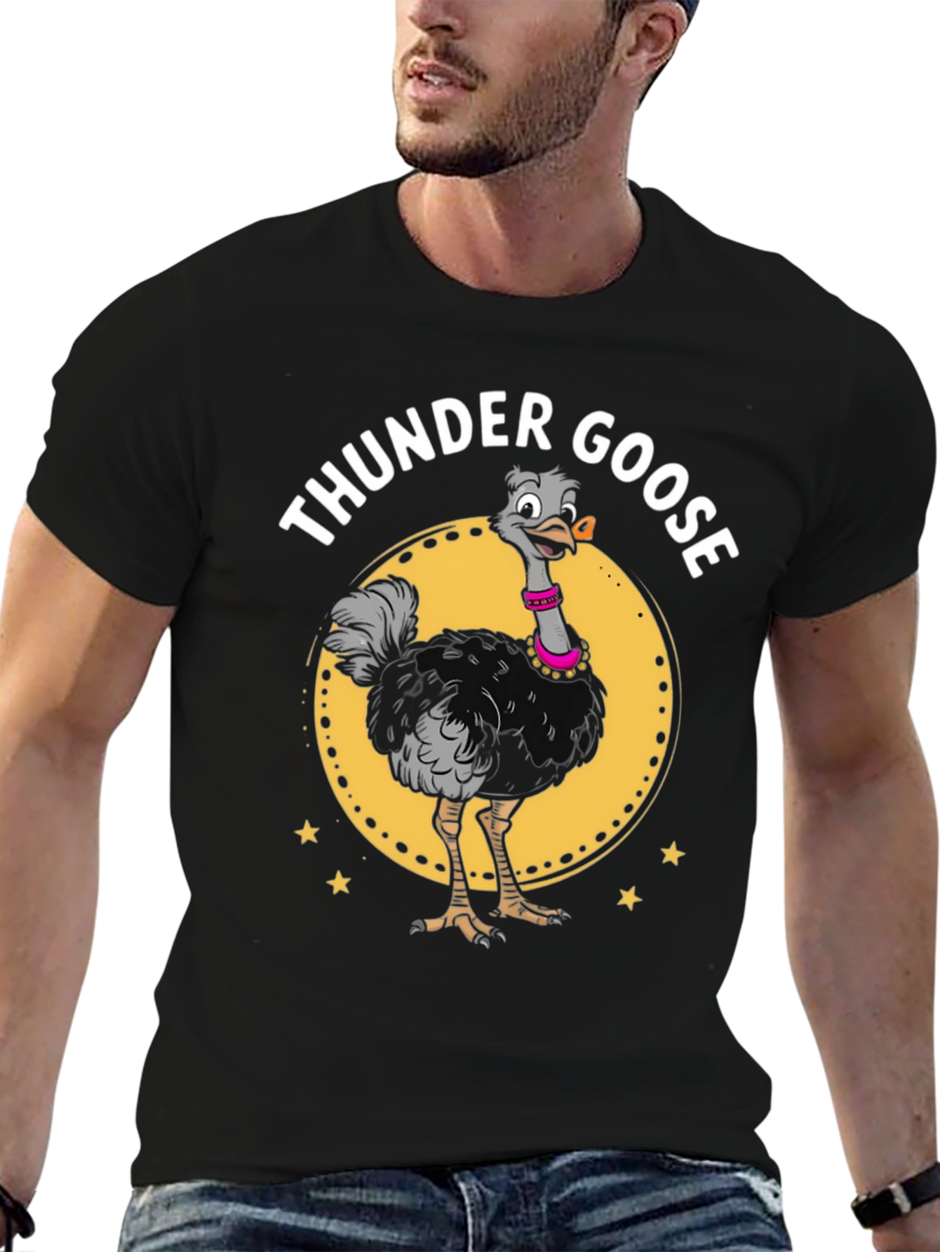 Black Thunder Goose Graphic Tee - Novelty Cartoon Ostrich T-Shirt view 6