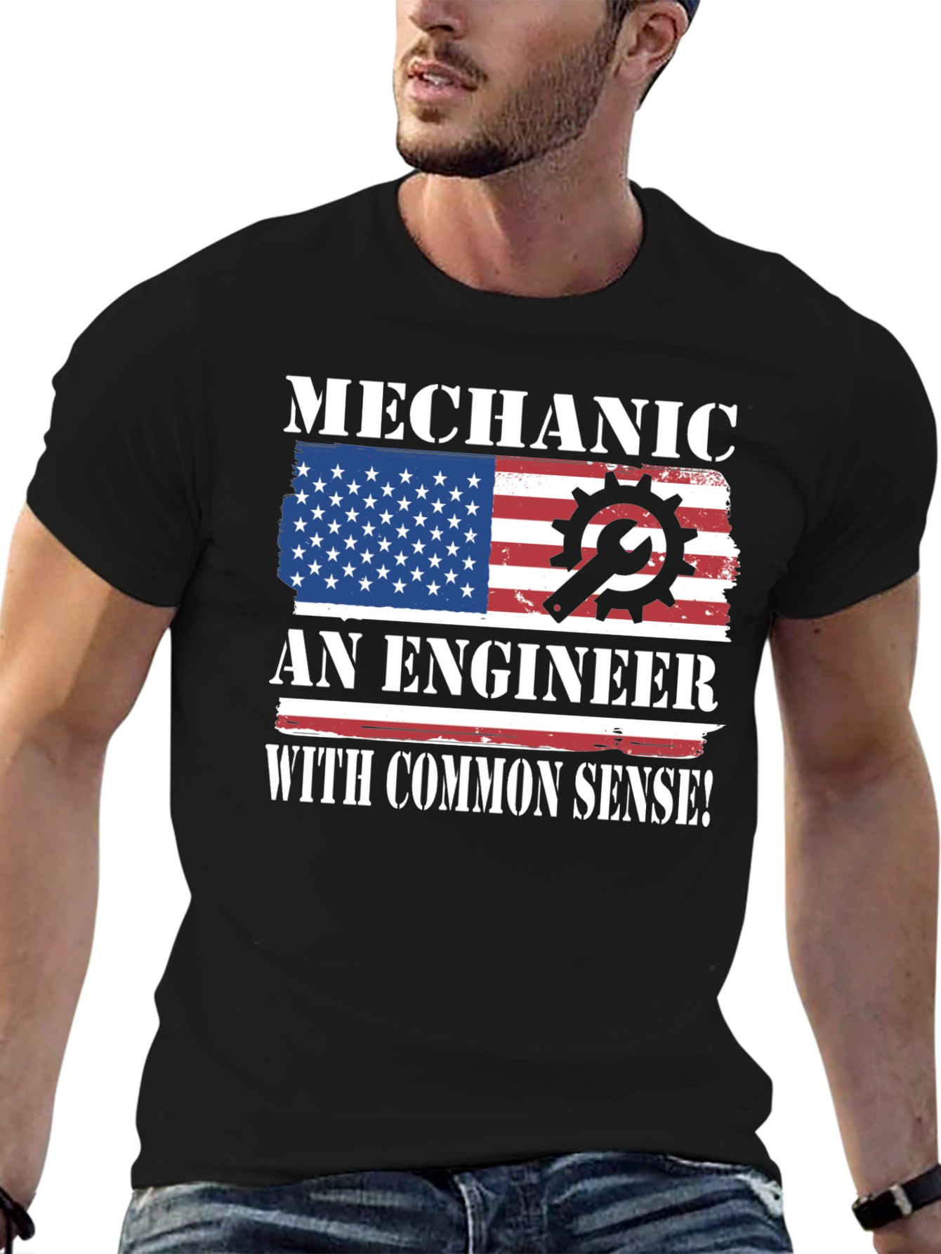 Black Mechanic Engineer Common Sense USA Flag Patriotic T-Shirt view 6