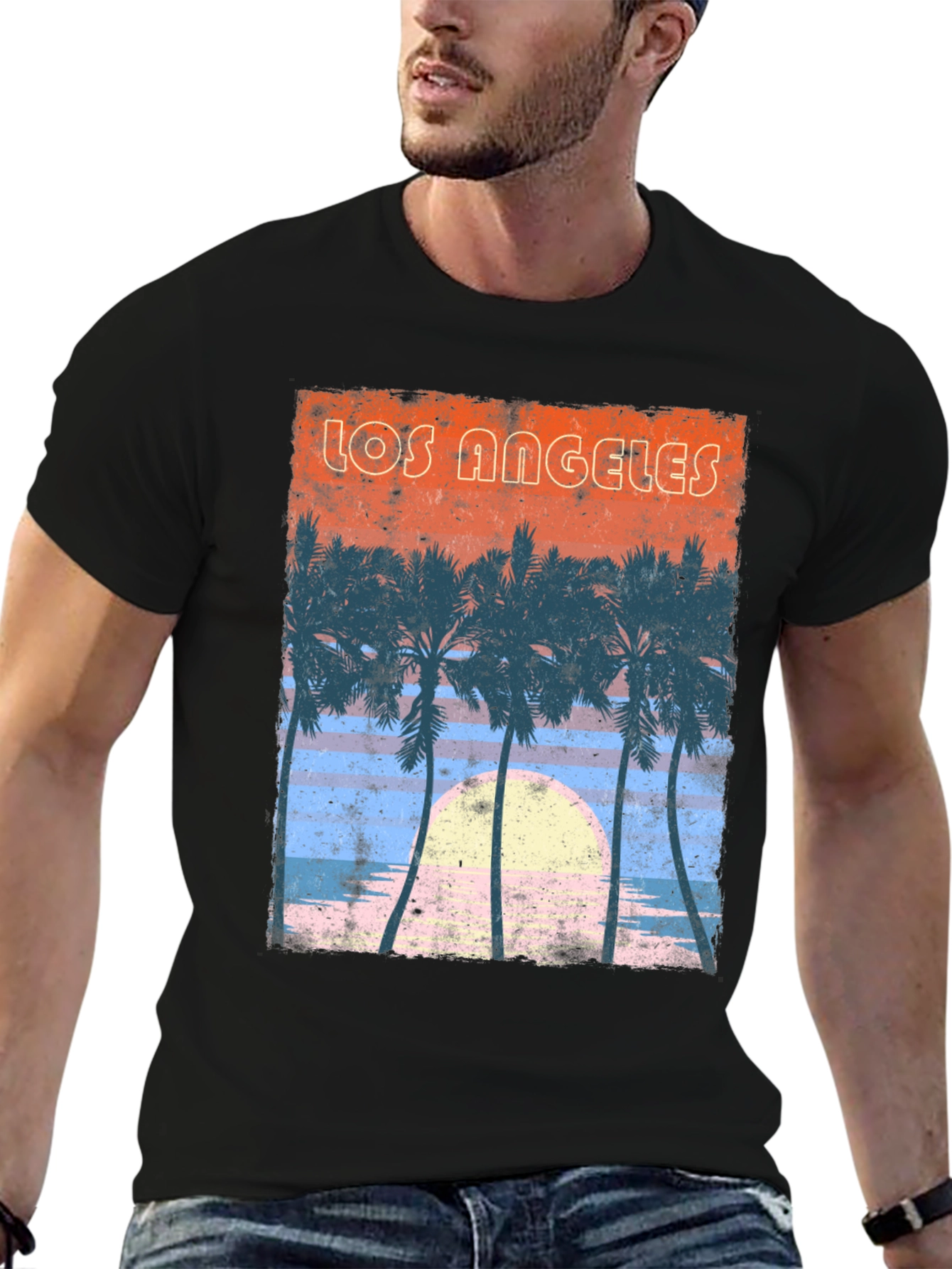Black Los Angeles Sunset Palm Tree Graphic T-Shirt view 6