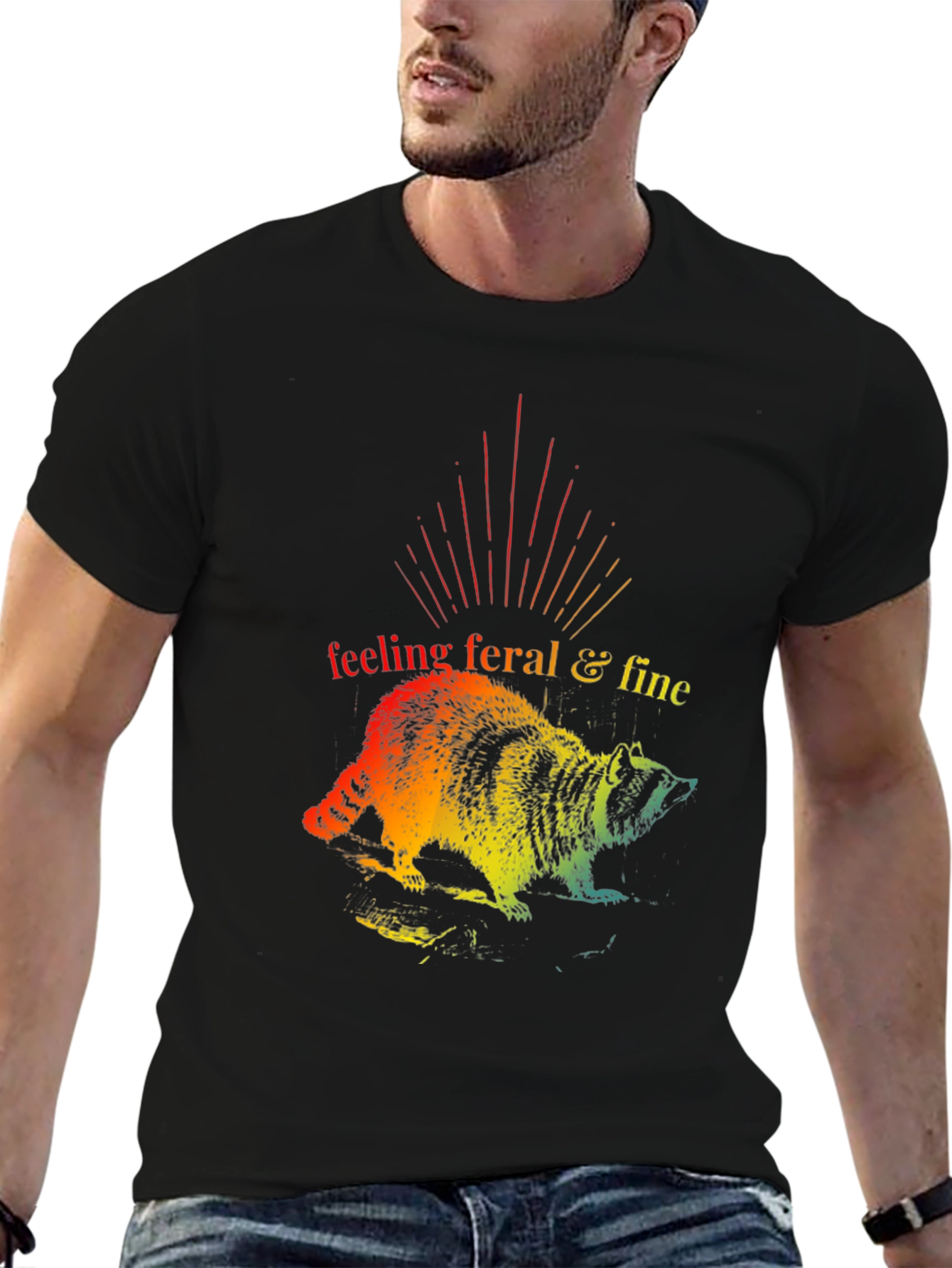 Black Feeling Feral & Fine Rainbow Raccoon T-Shirt view 6