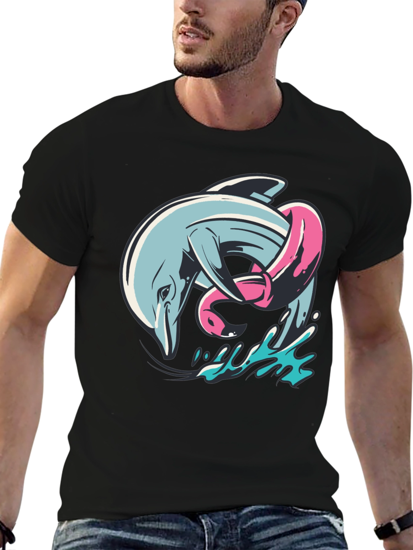 Black Dolphin & Flamingo T-Shirt - Unique Graphic Tee view 6