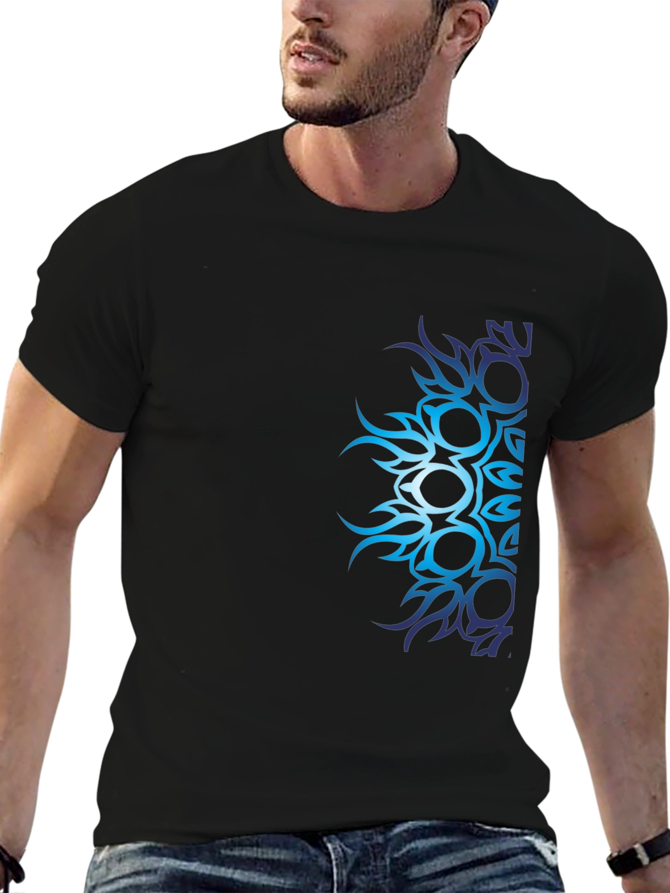 Black Men's Black T-Shirt with Blue Tribal Design view 6