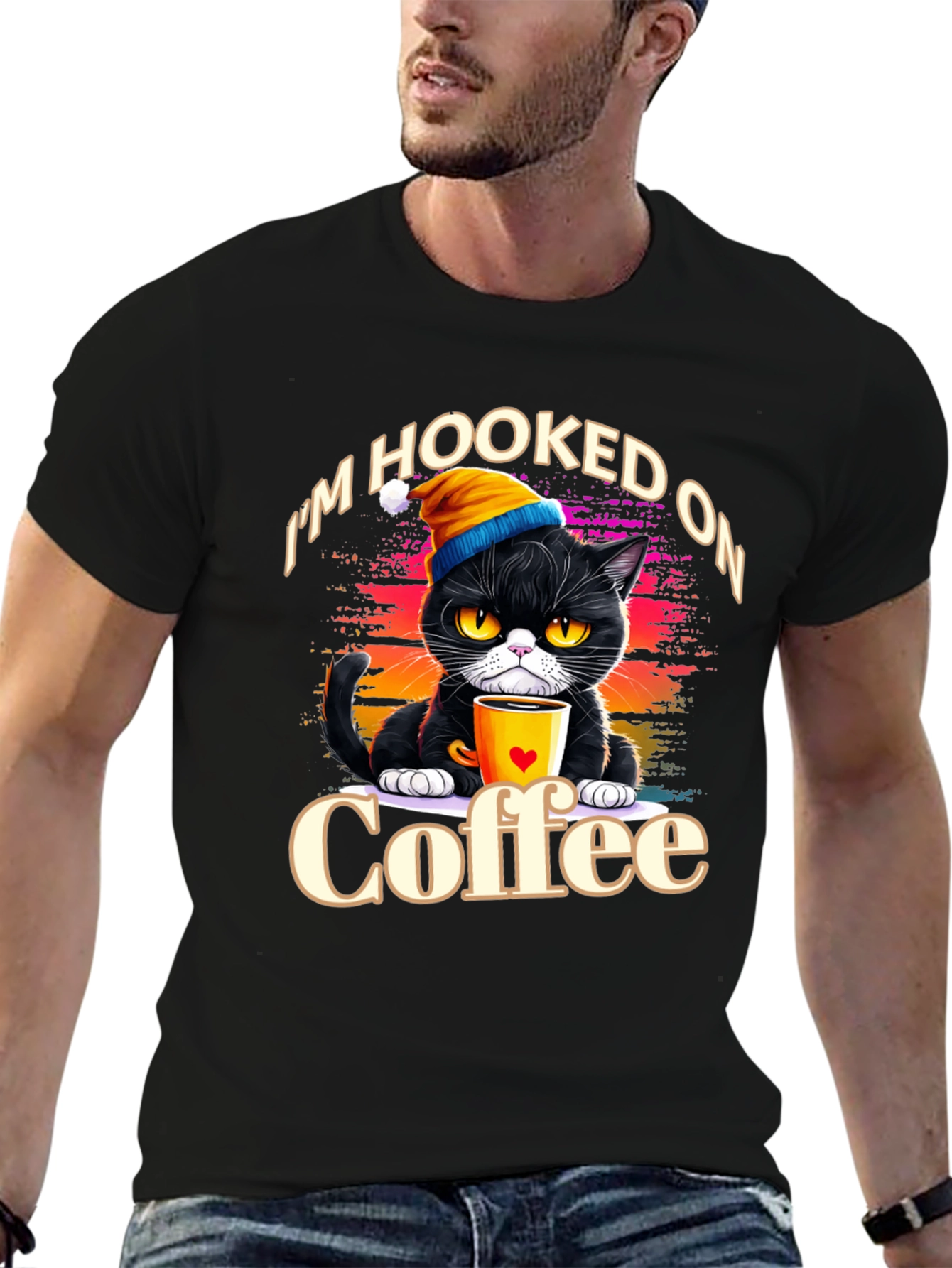 Black Hooked On Coffee Cat T-Shirt view 6
