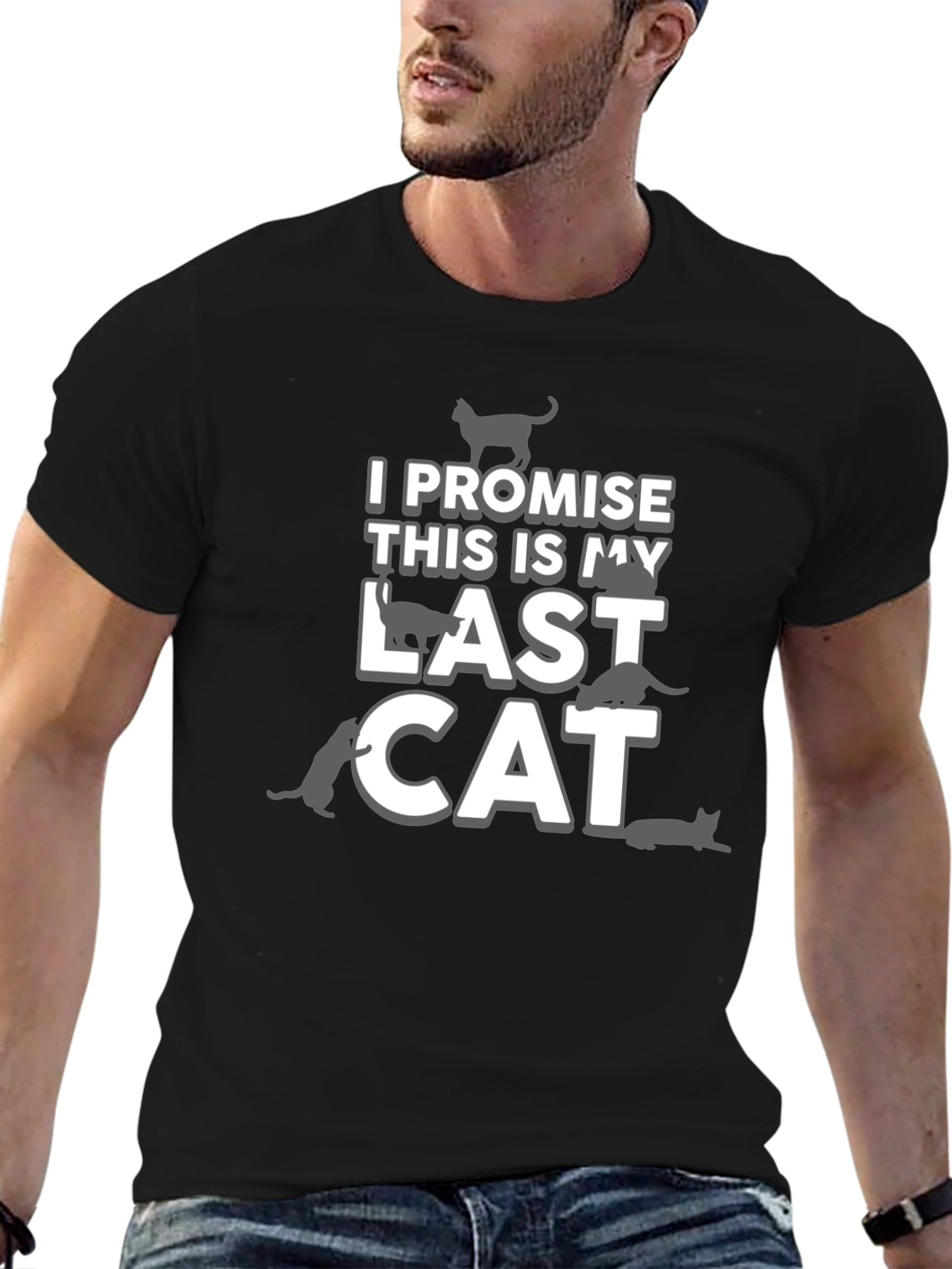 Black Funny Cat Lover T-Shirt - Last Cat Promise Graphic Tee view 6
