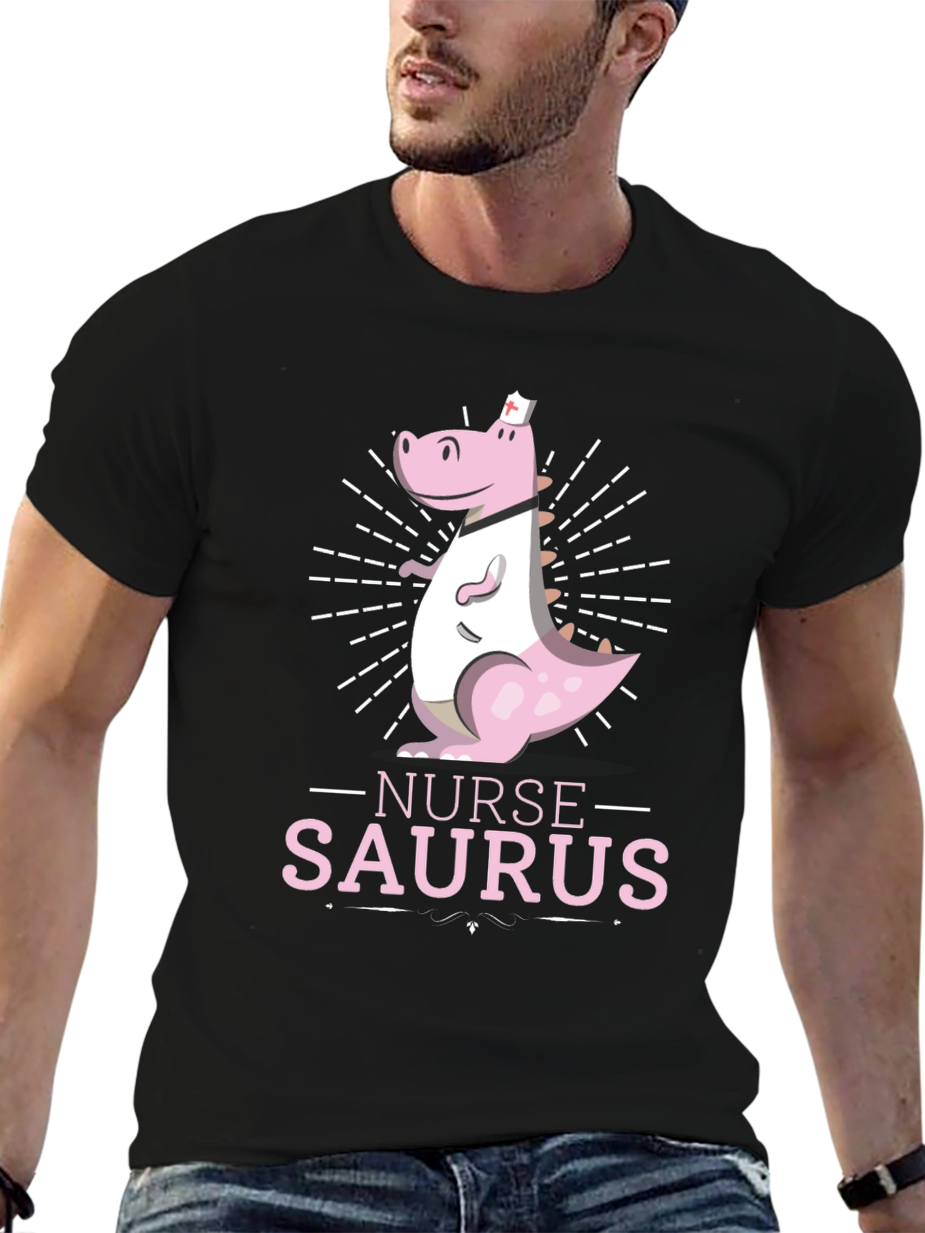 Black Nurse-Saurus T-Shirt - Dinosaur Nurse Apparel view 6
