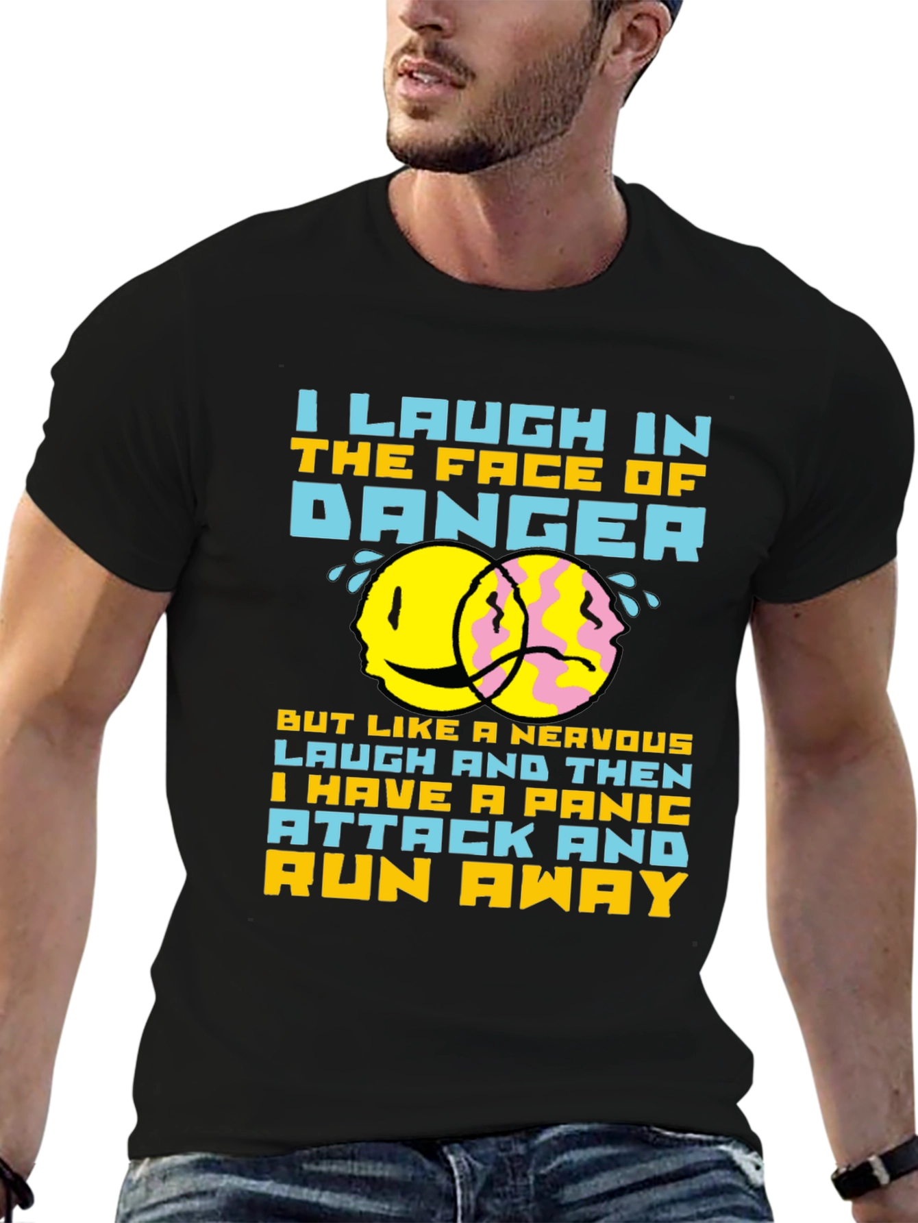 Black Humorous "Laugh In The Face of Danger" Graphic T-Shirt view 6