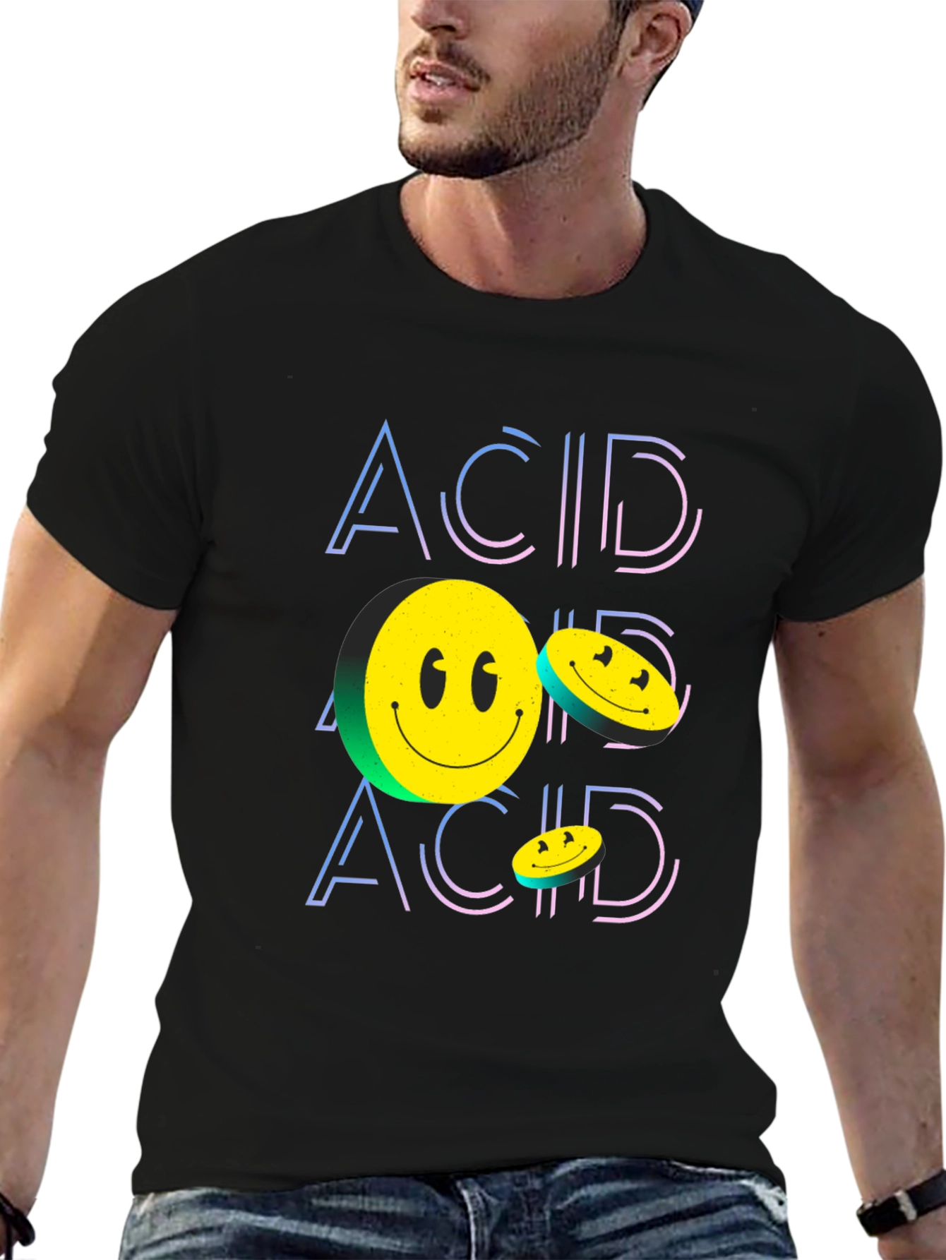 Black Acid Smiley Face Black Graphic Tee view 6