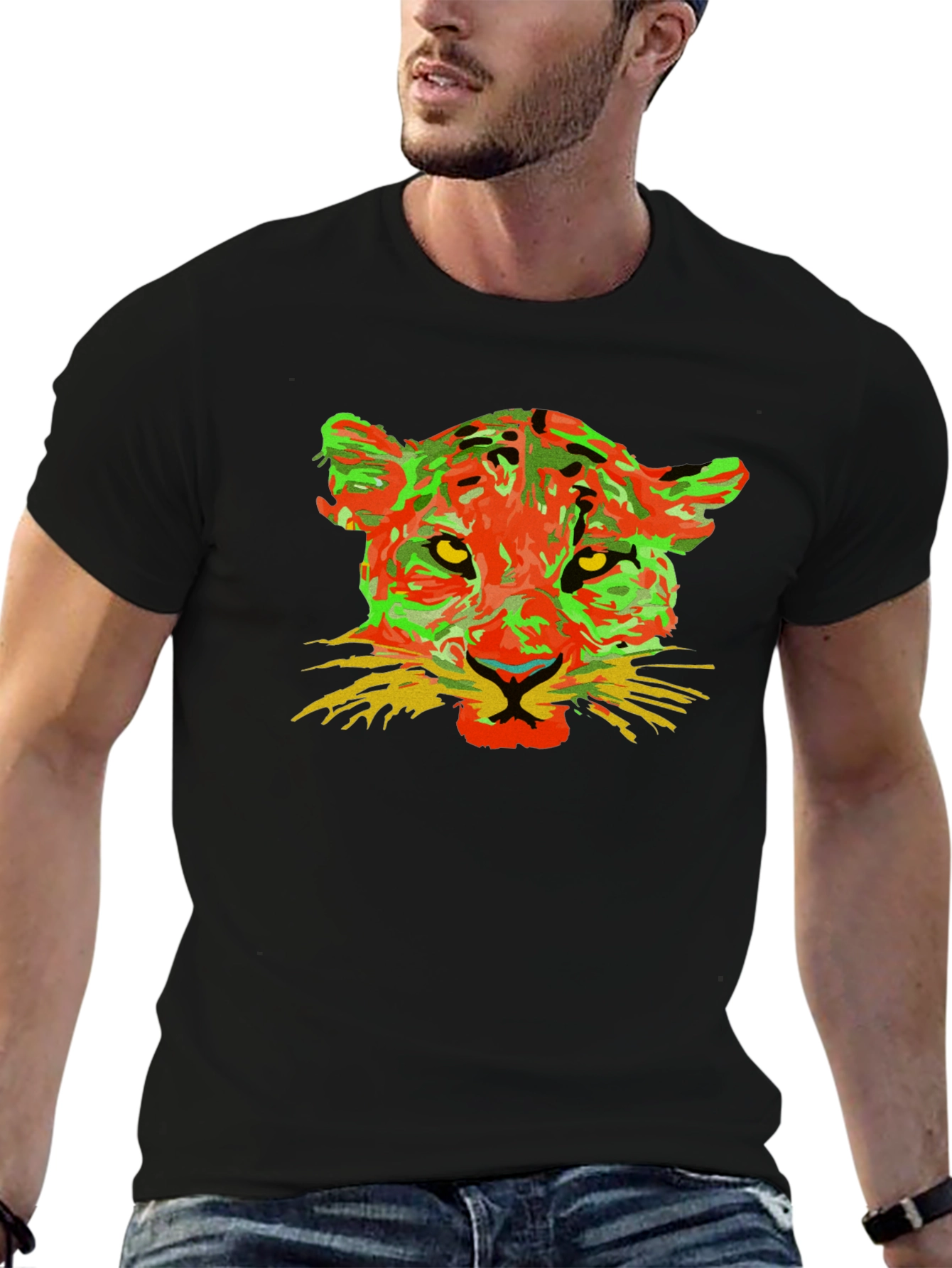 Black Colorful Leopard Graphic Black T-Shirt view 6