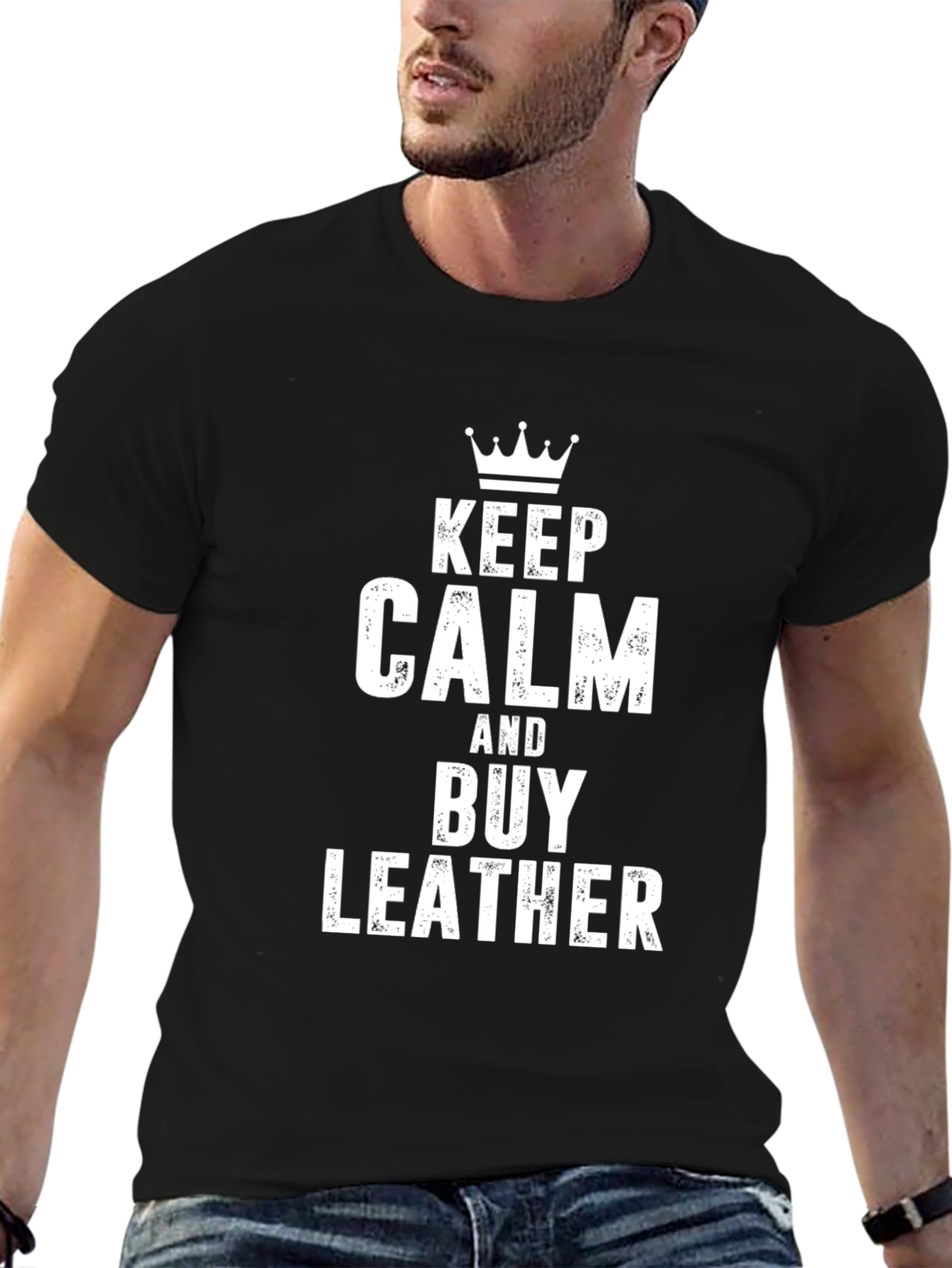 Black Keep Calm and Buy Leather T-Shirt view 6