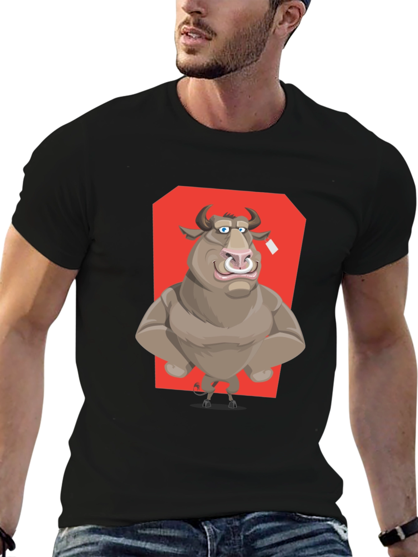 Black Bull Cartoon Graphic T-Shirt - Black Crew Neck Tee view 6
