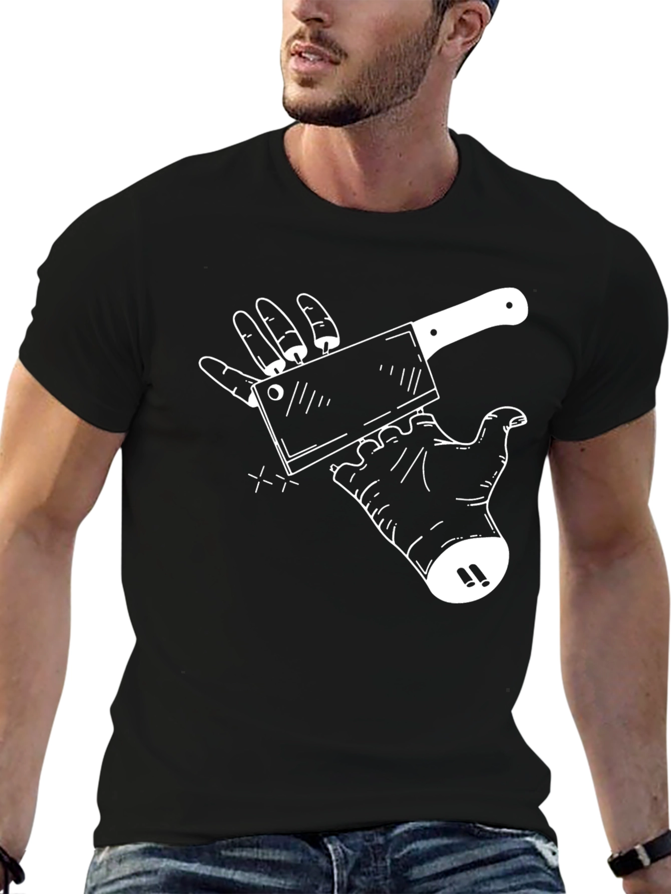 Black Butcher Humor T-Shirt: Cleaver and Hand Graphic Tee view 6