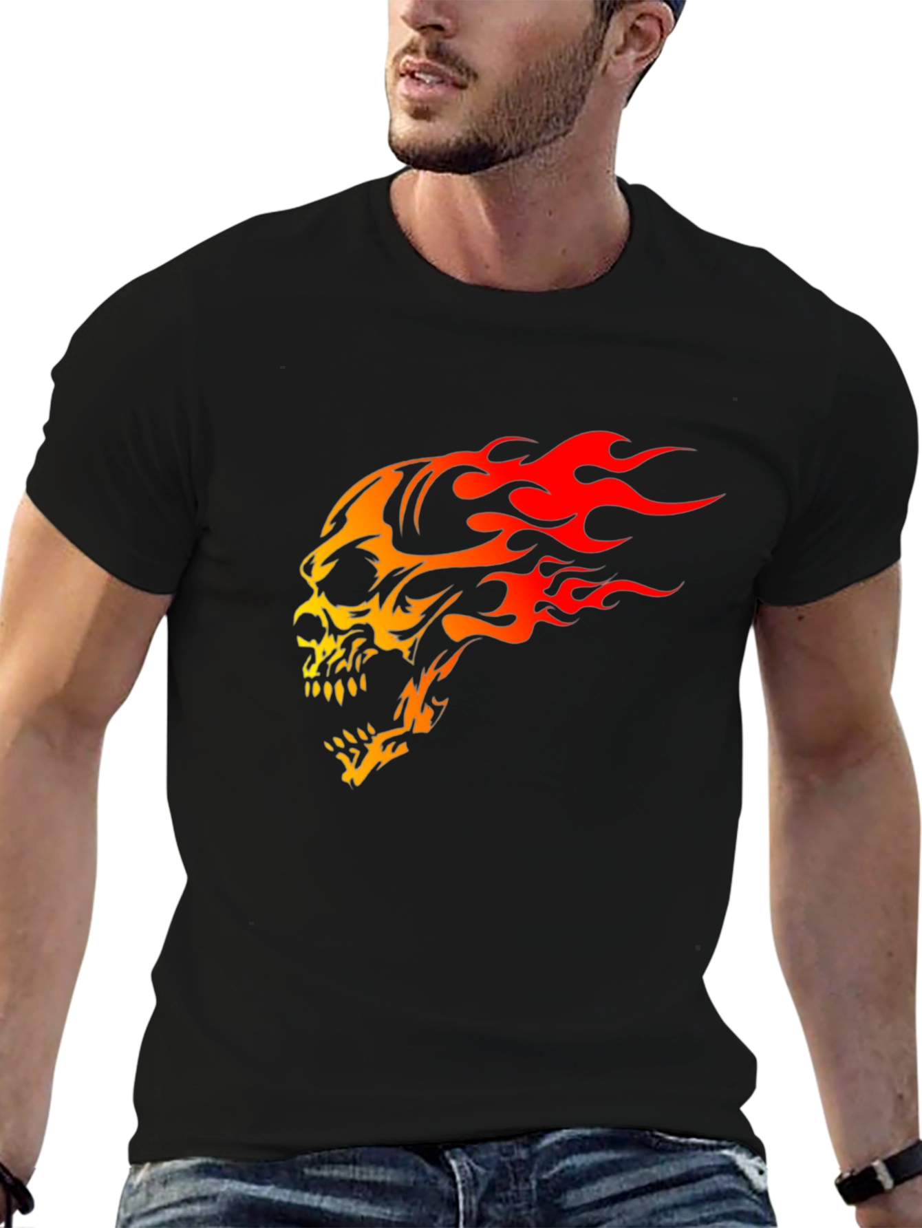 Black Flaming Skull Graphic Print Black T-Shirt view 6