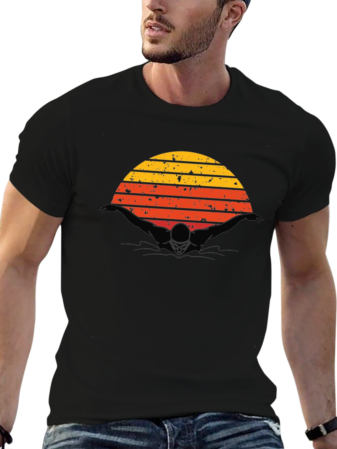 Black Vintage Sunset Swimmer Black T-Shirt view 6