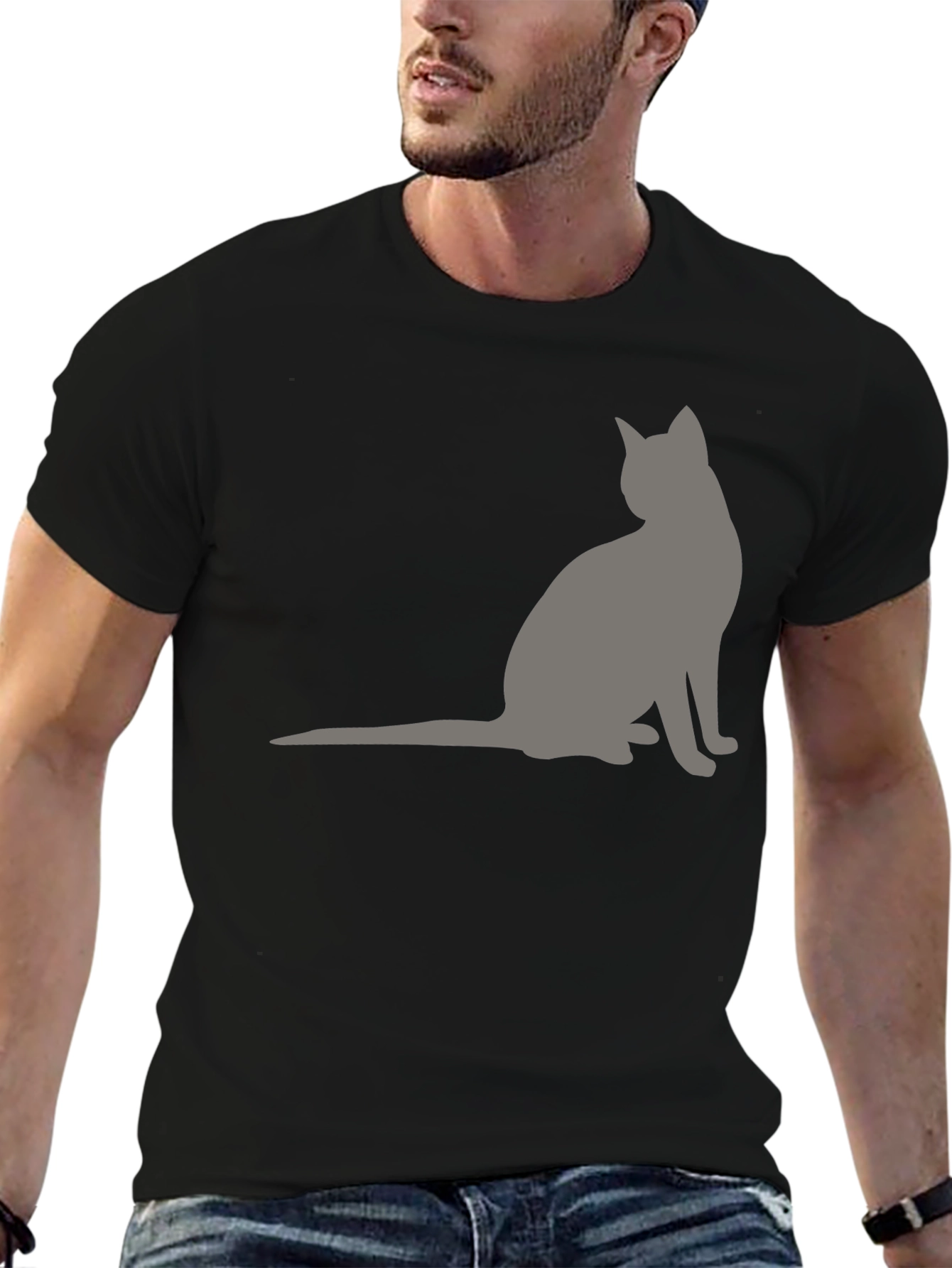 Black Men's Black T-Shirt with Grey Cat Silhouette view 6