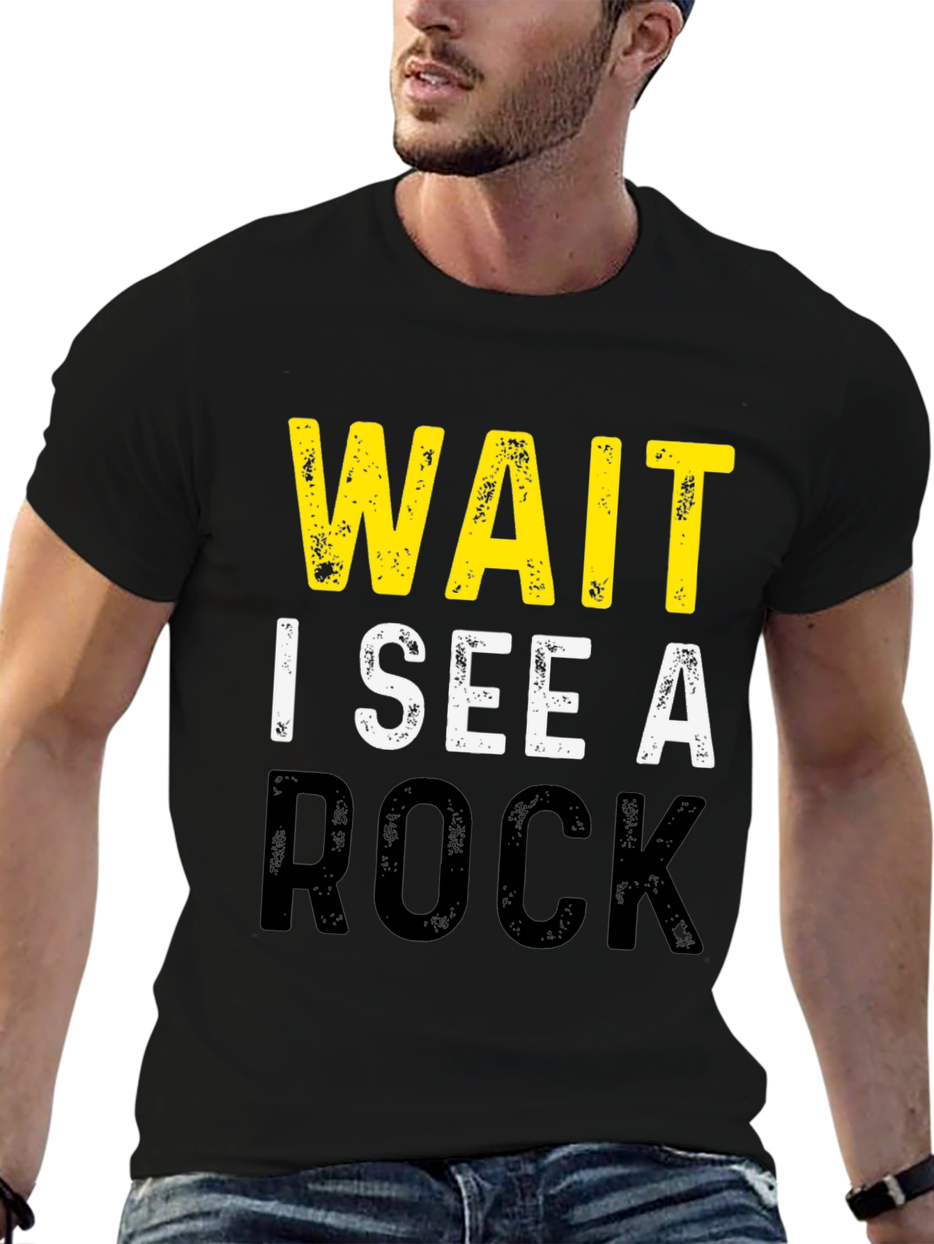 Black Wait I See A Rock Black Graphic T-Shirt view 6