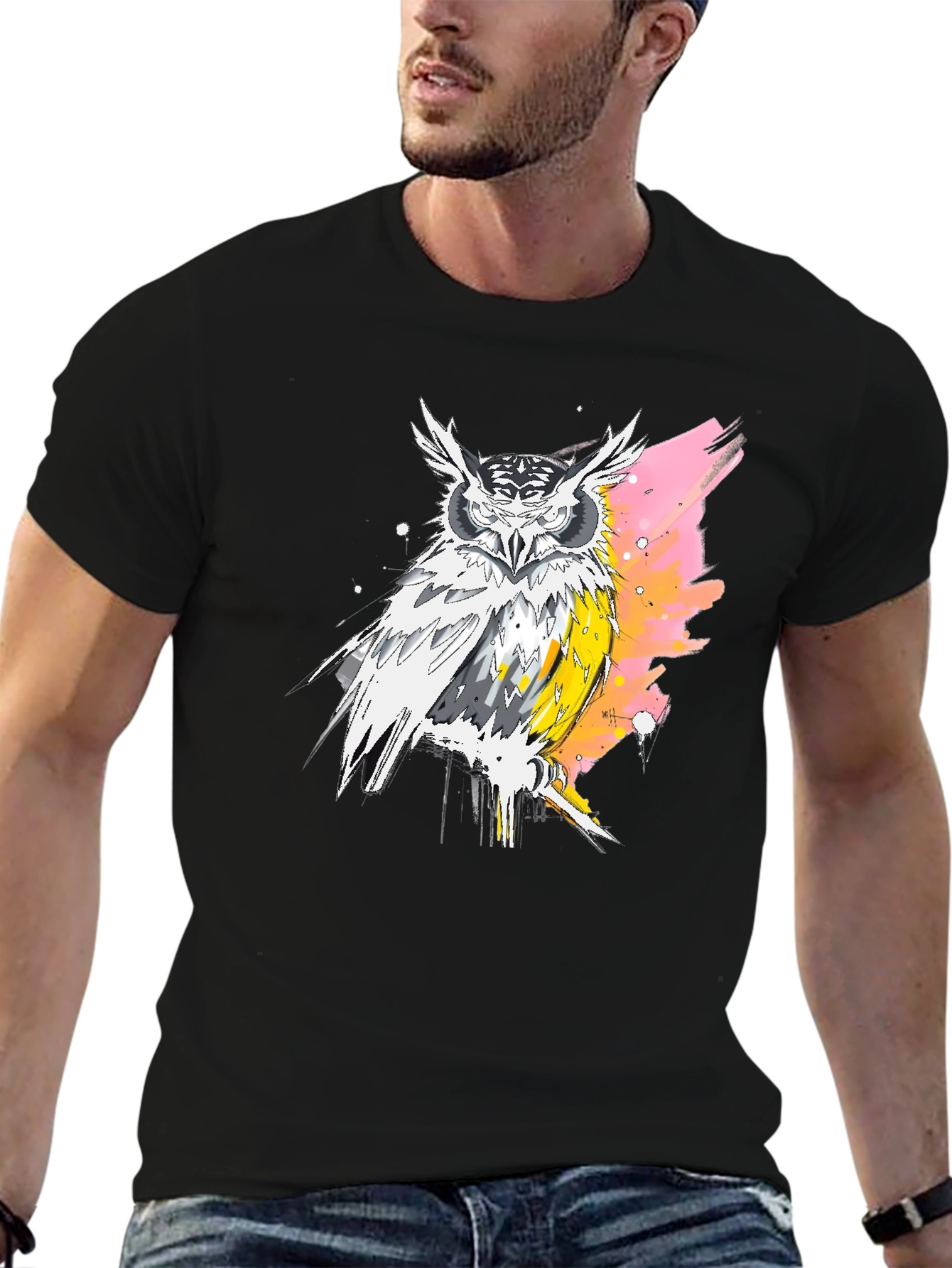 Black Owl Graphic Print Black T-Shirt for Men view 6