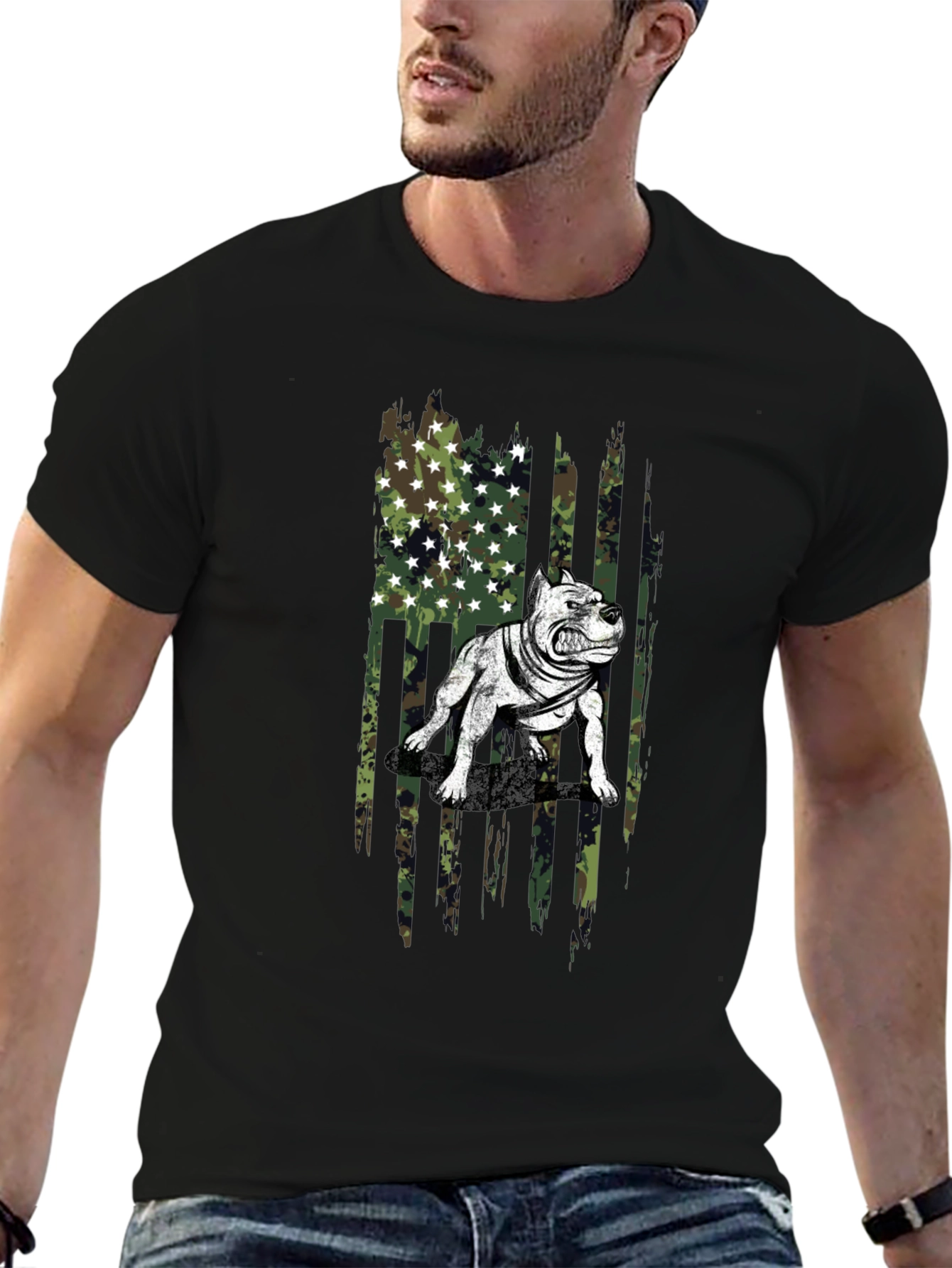 Black Pitbull Camo Flag Graphic T-Shirt view 6