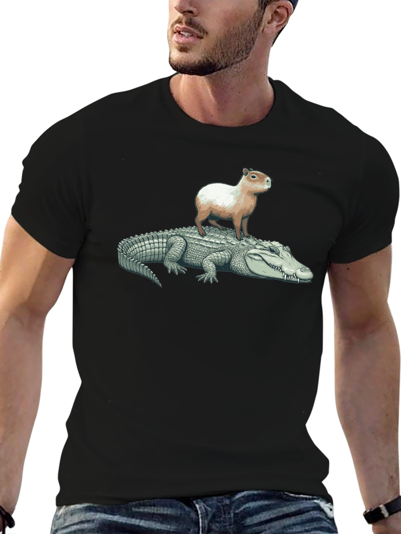 Black Capybara Riding Alligator T-Shirt view 6
