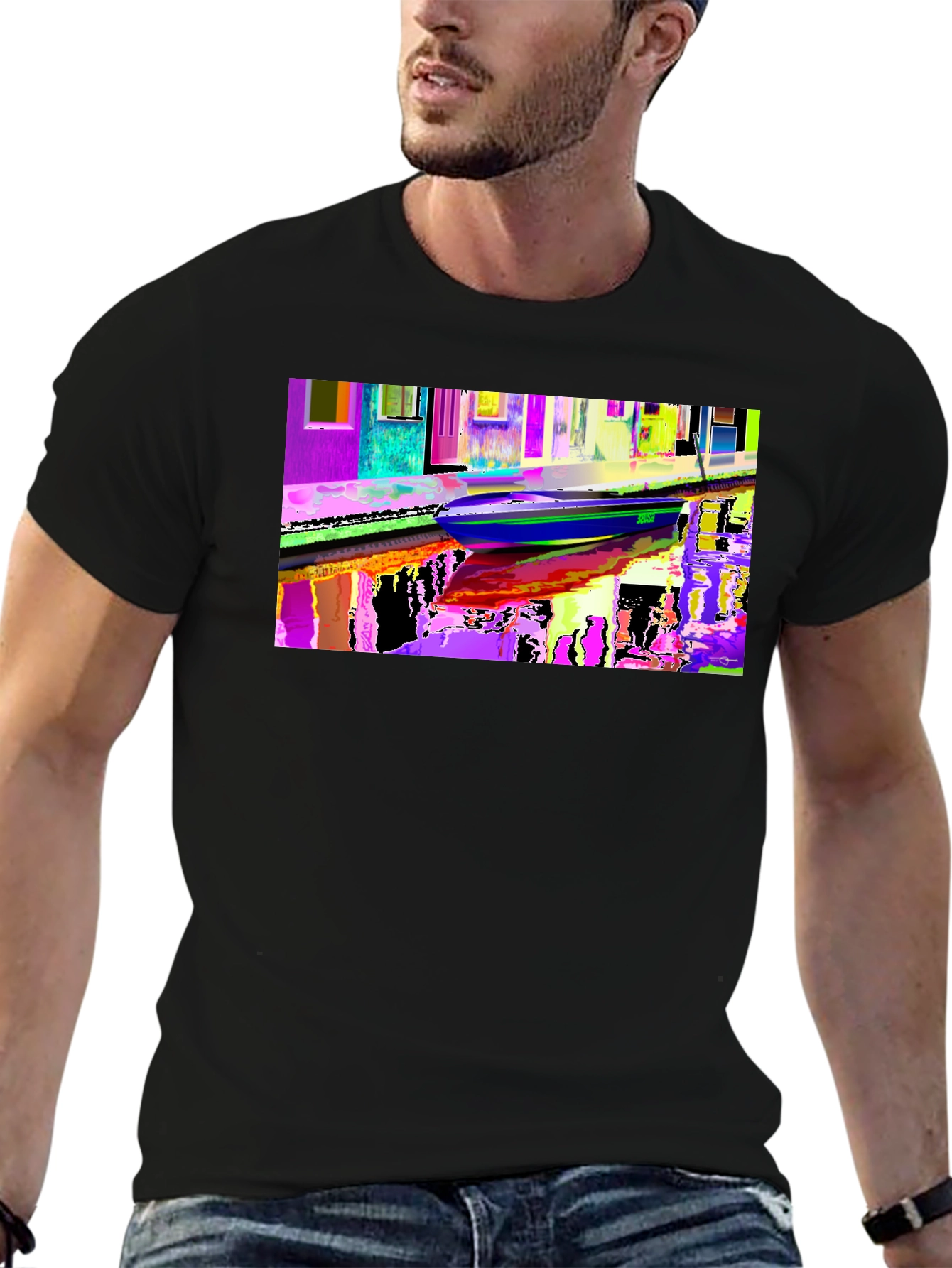 Black Colorful Venice Scene Graphic Black T-Shirt view 6