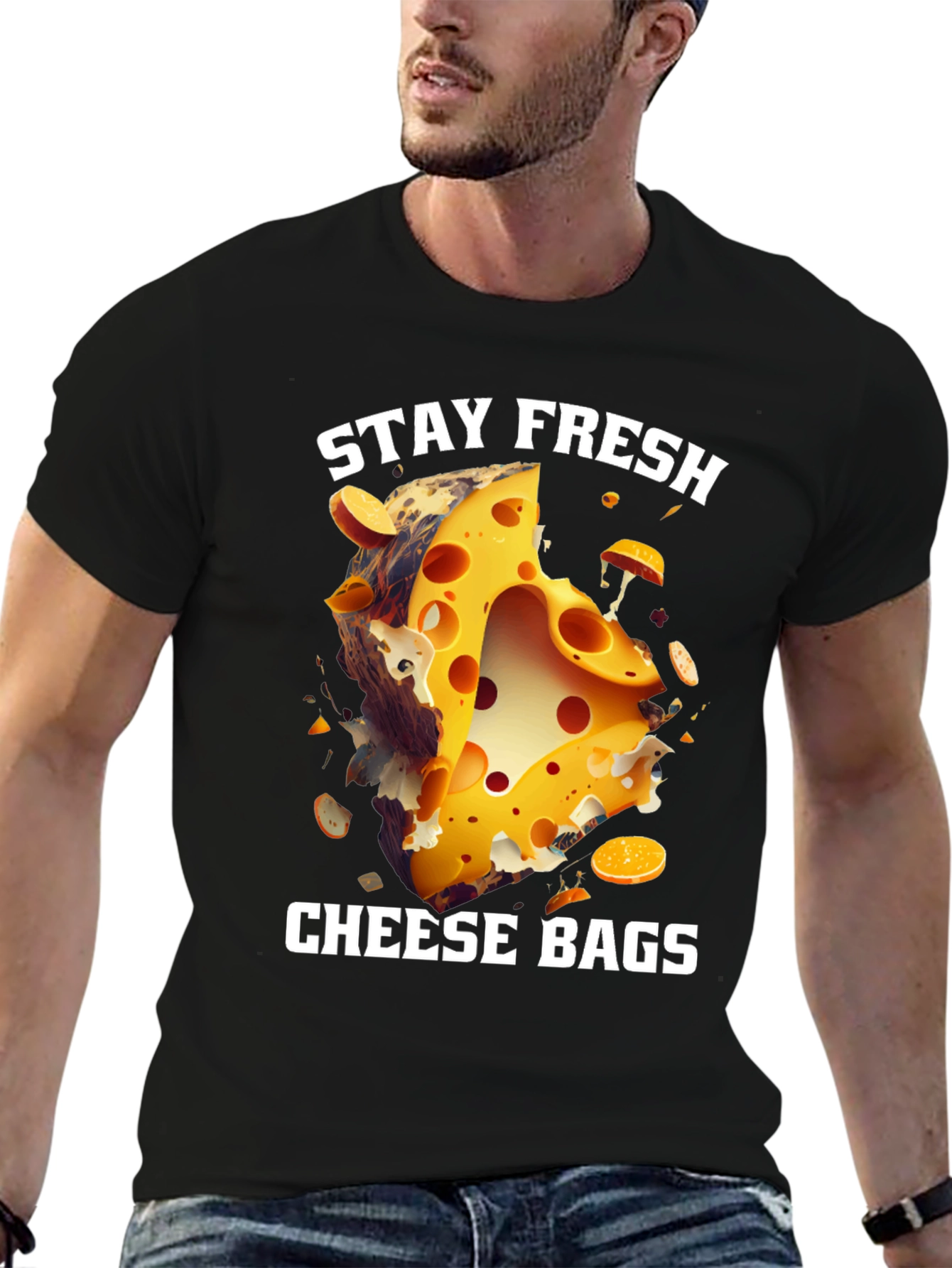 Black Stay Fresh Cheese Bags T-Shirt view 6