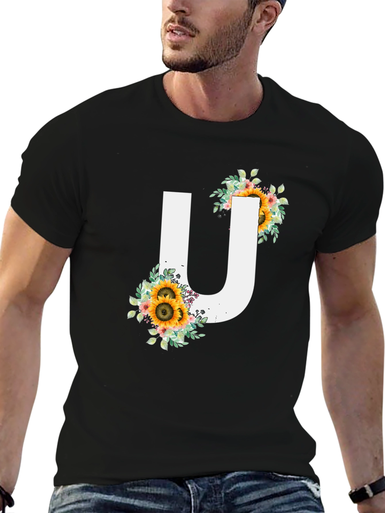Black Sunflower Letter U Graphic Tee view 6