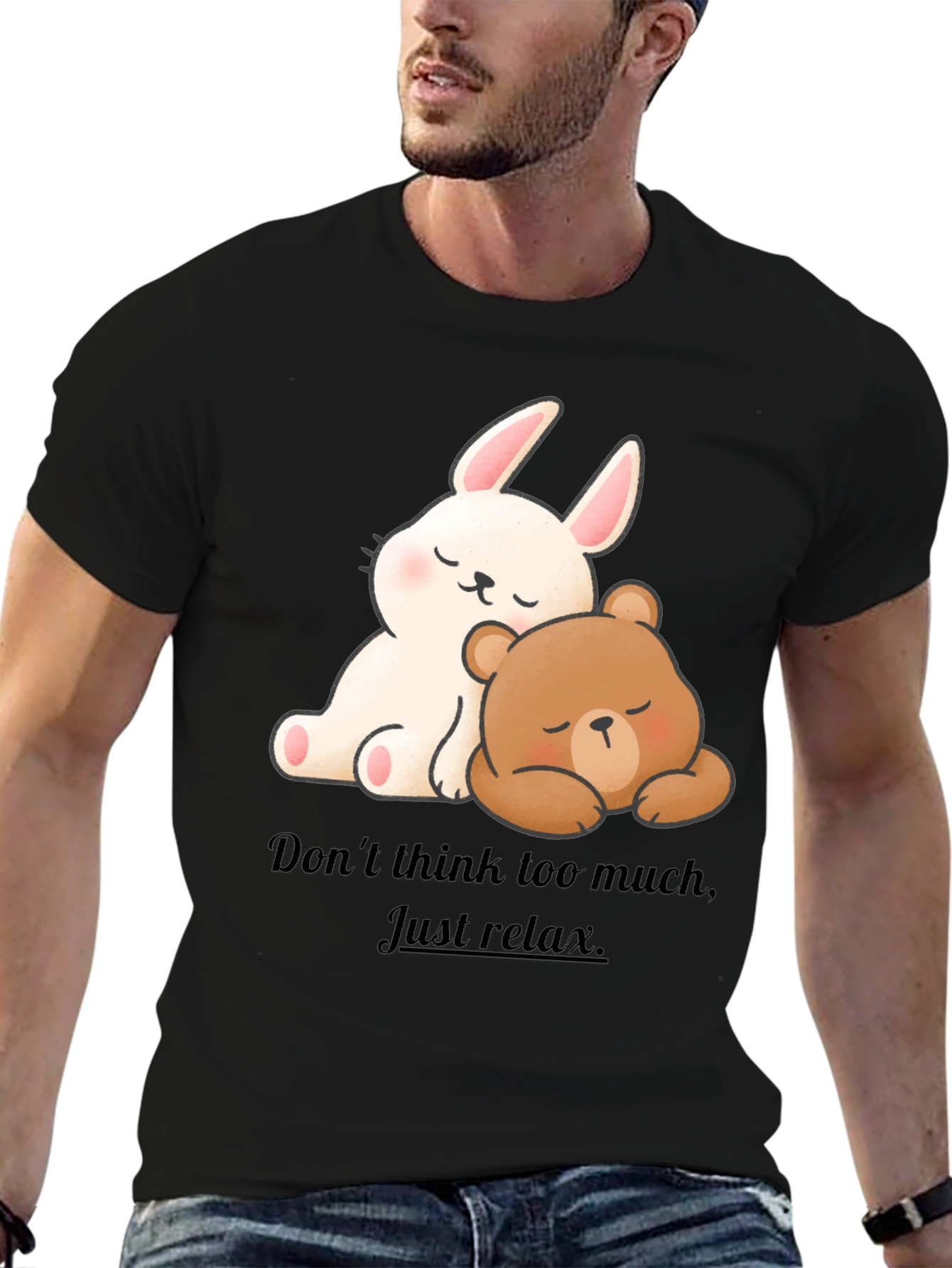 Black Cute Cartoon Bunny & Bear Relax T-Shirt view 6