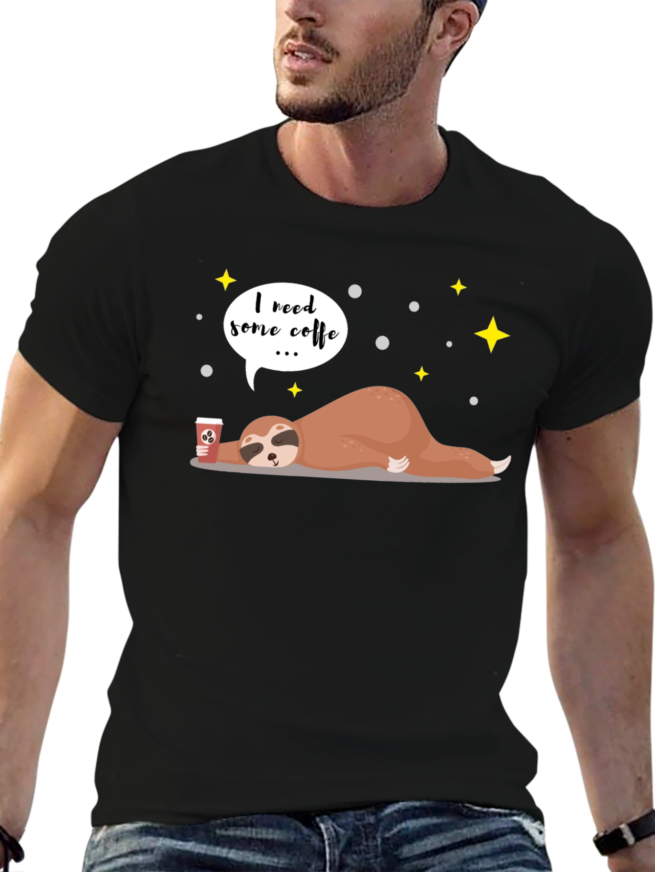 Black I Need Coffee Sloth Graphic T-Shirt view 6