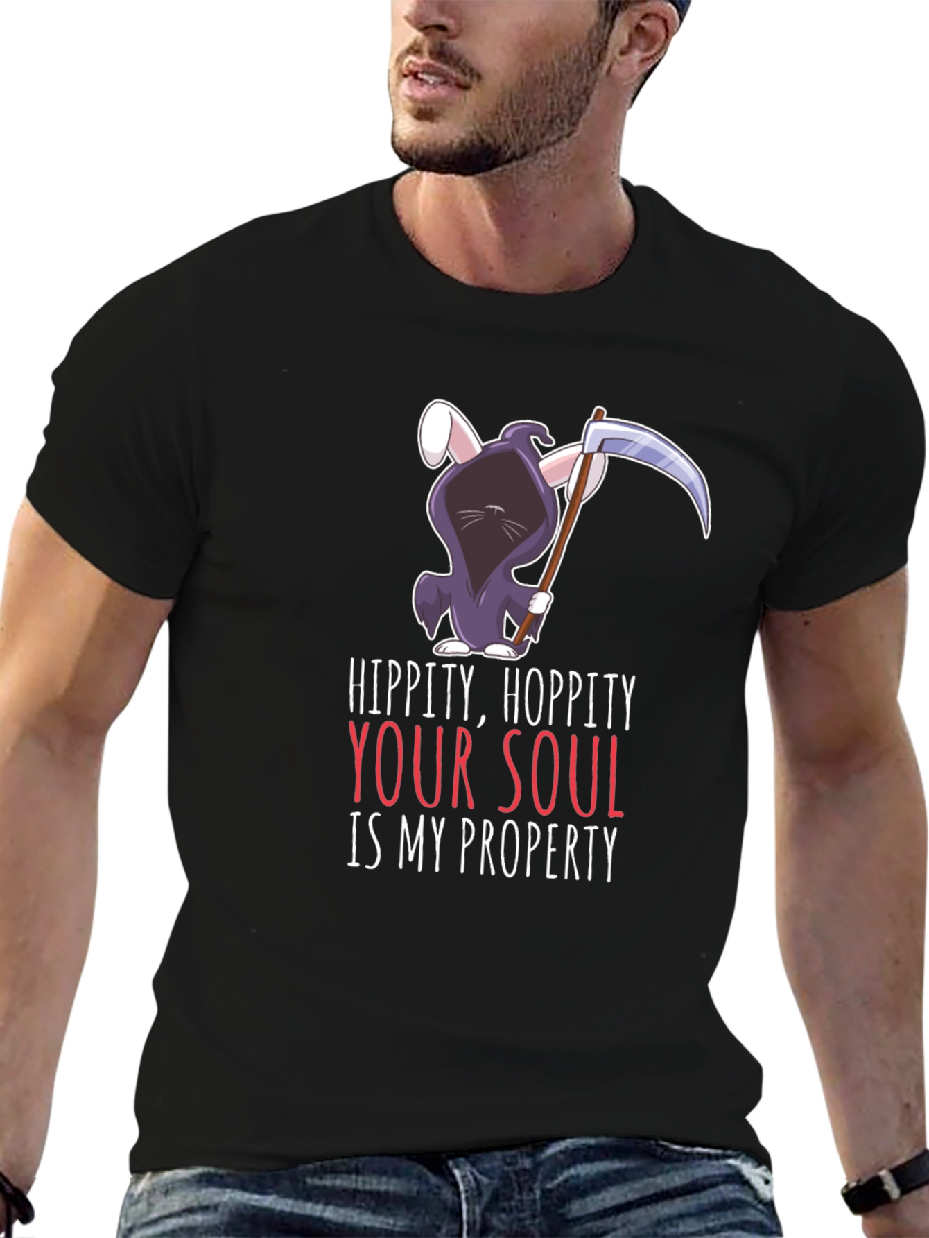 Black Hippity Hoppity Your Soul Grim Reaper Bunny T-Shirt view 6