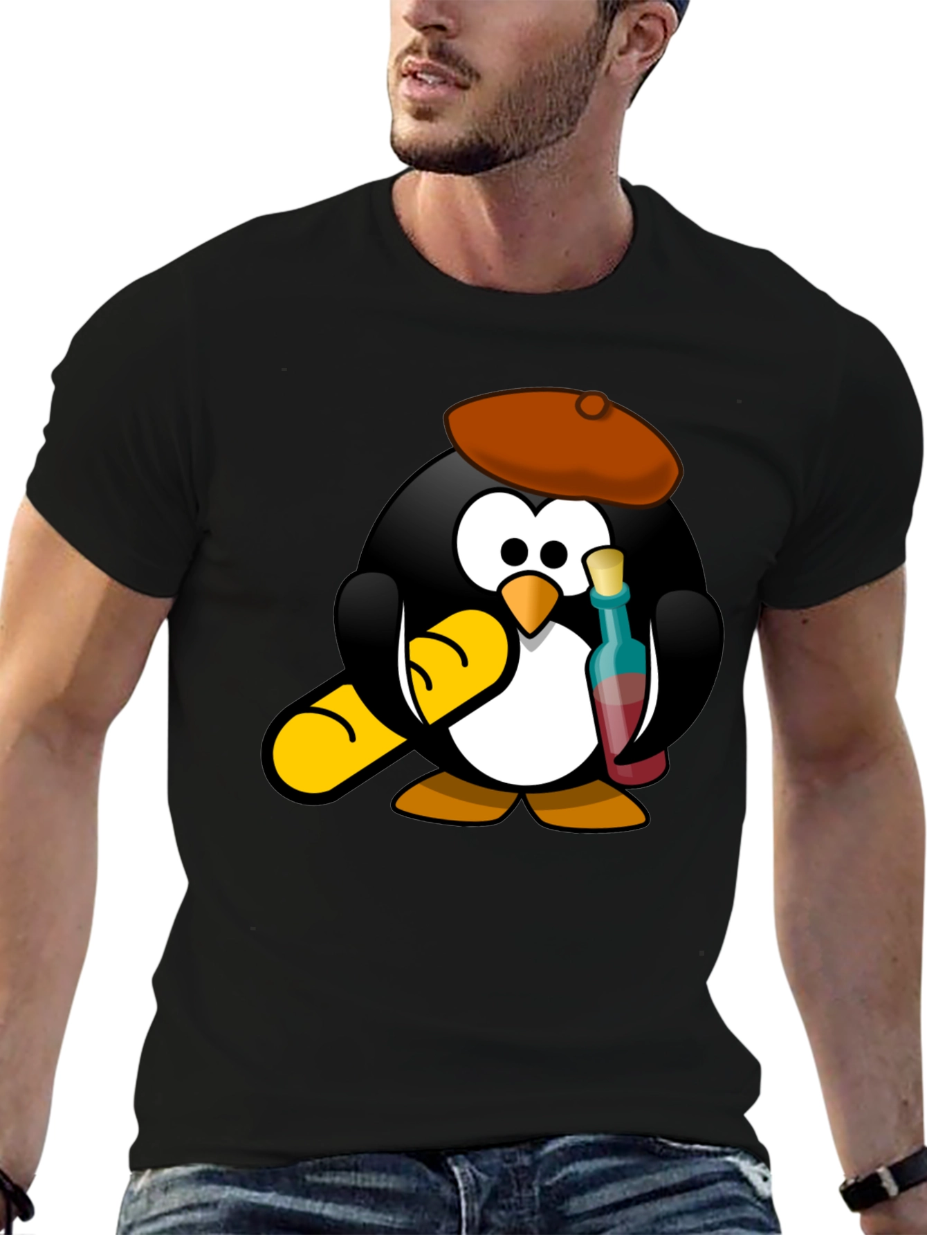 Black Wine Lover Penguin Black T-Shirt view 6