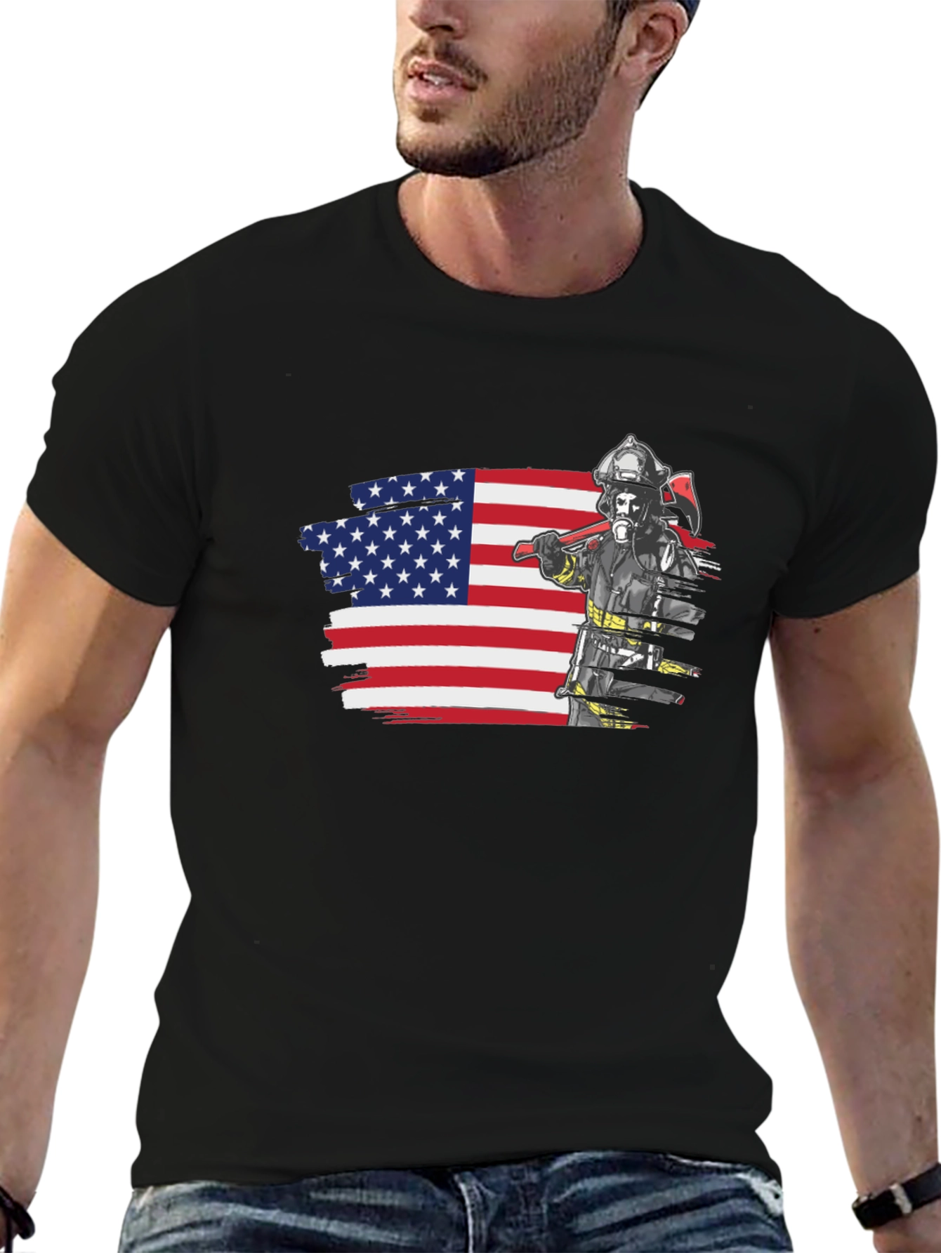 Black Firefighter USA Flag Graphic Tee view 6