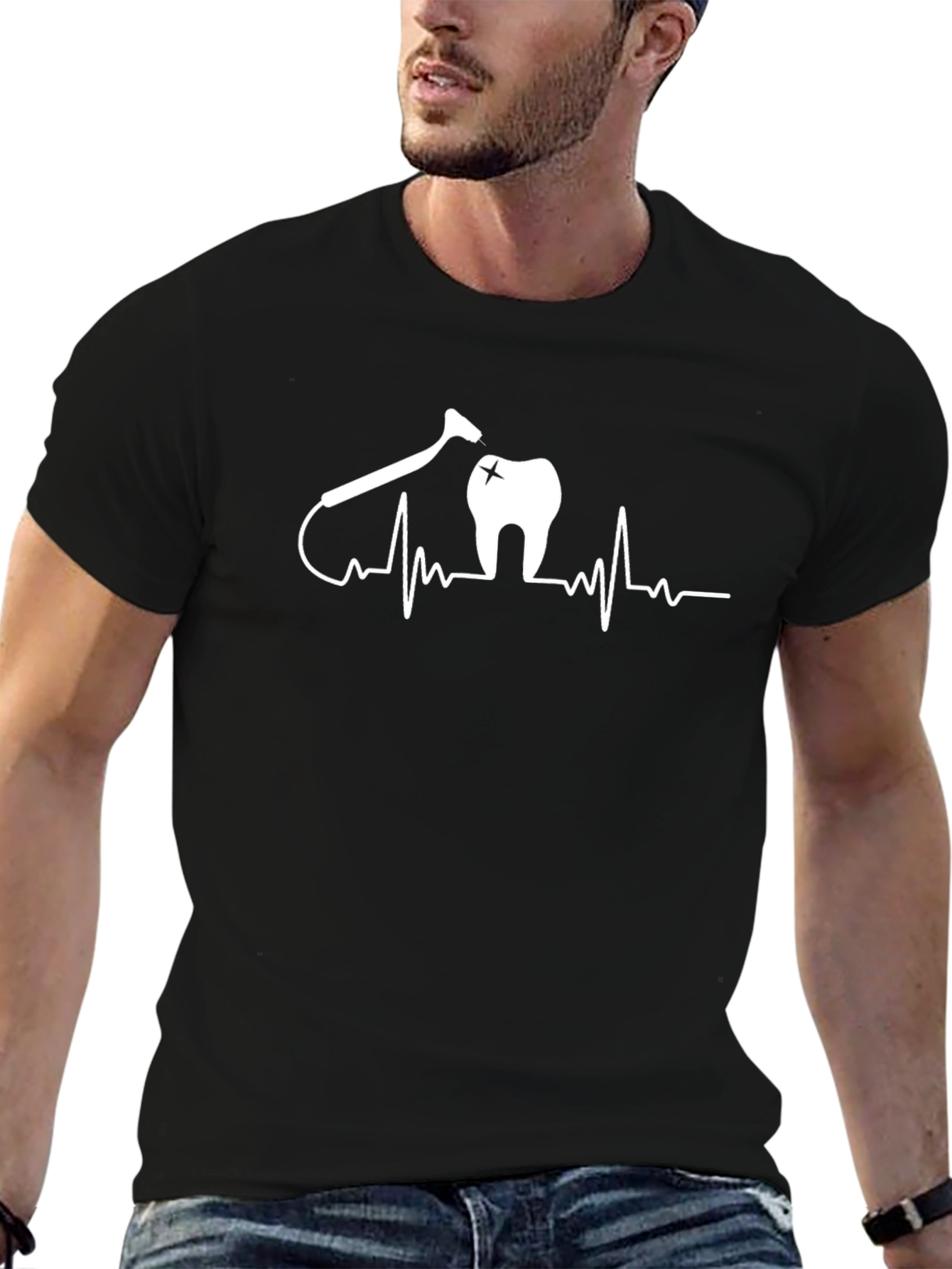Black Dentist Heartbeat Black T-Shirt - Novelty Graphic Tee view 6
