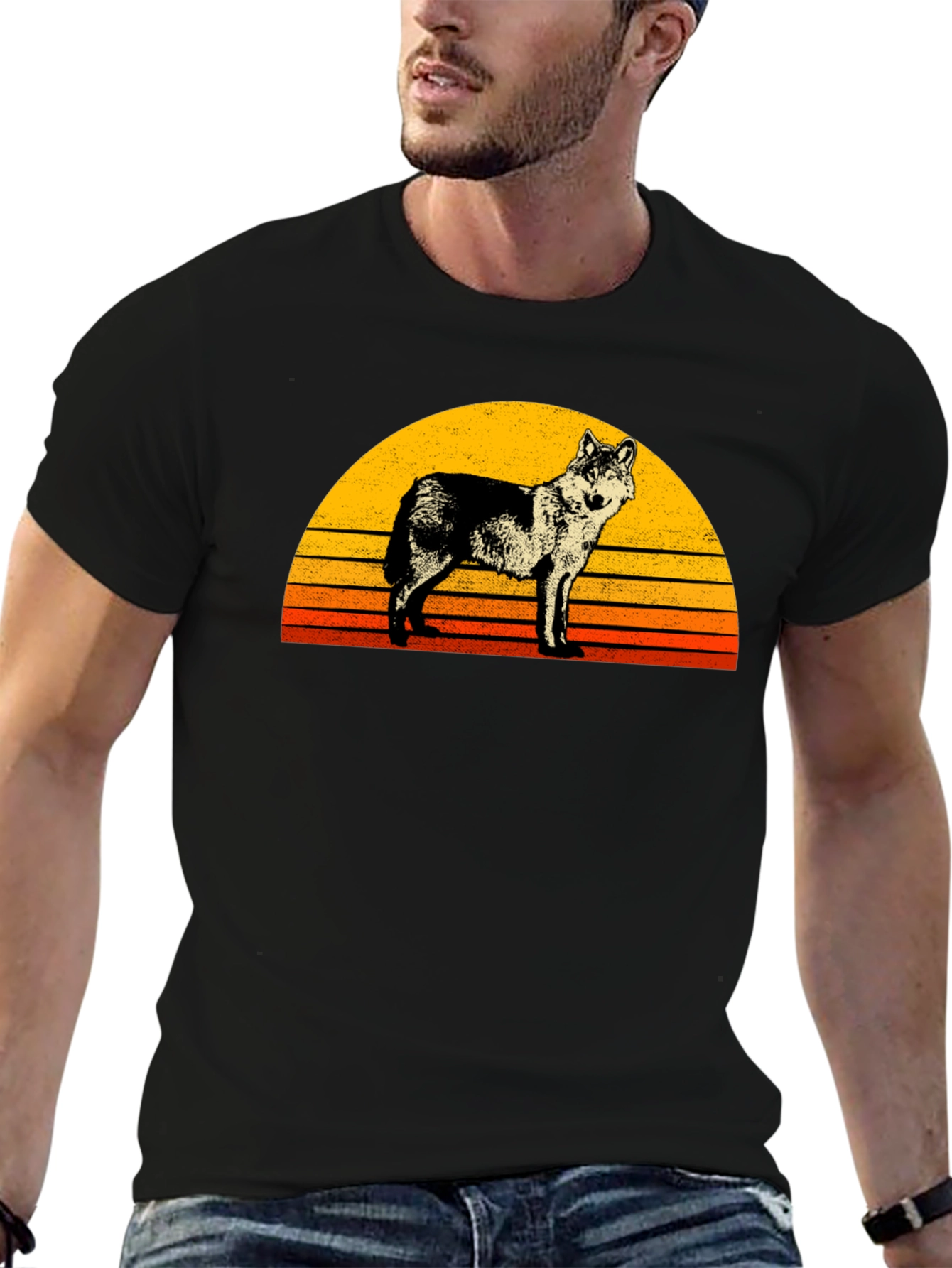 Black Retro Wolf Sunset Graphic Tee - Black view 6