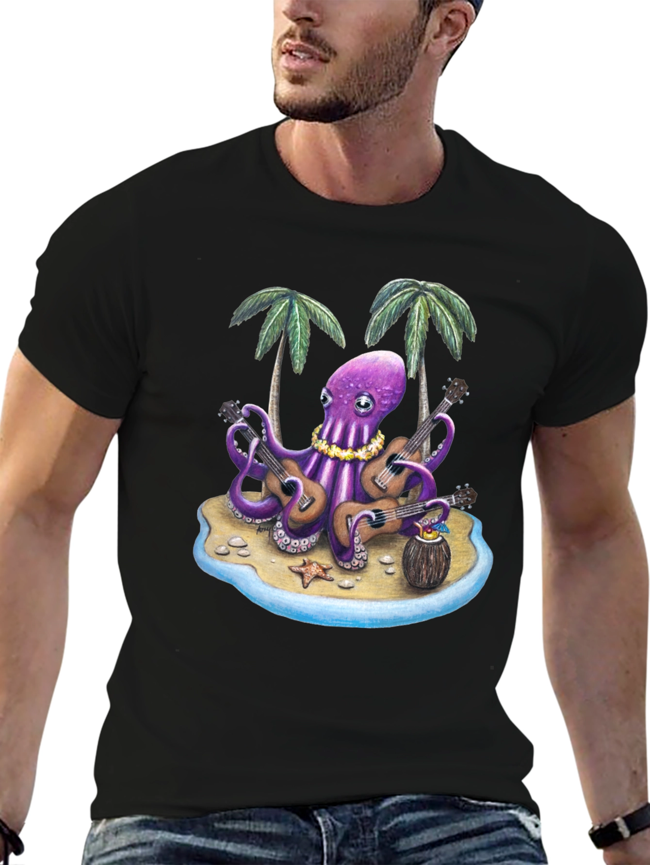 Black Musical Octopus Hawaiian T-Shirt view 6