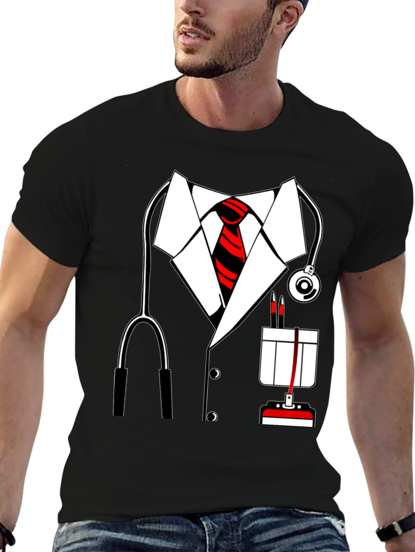 Black Doctor Costume T-Shirt - Funny Medical Dress Up view 6