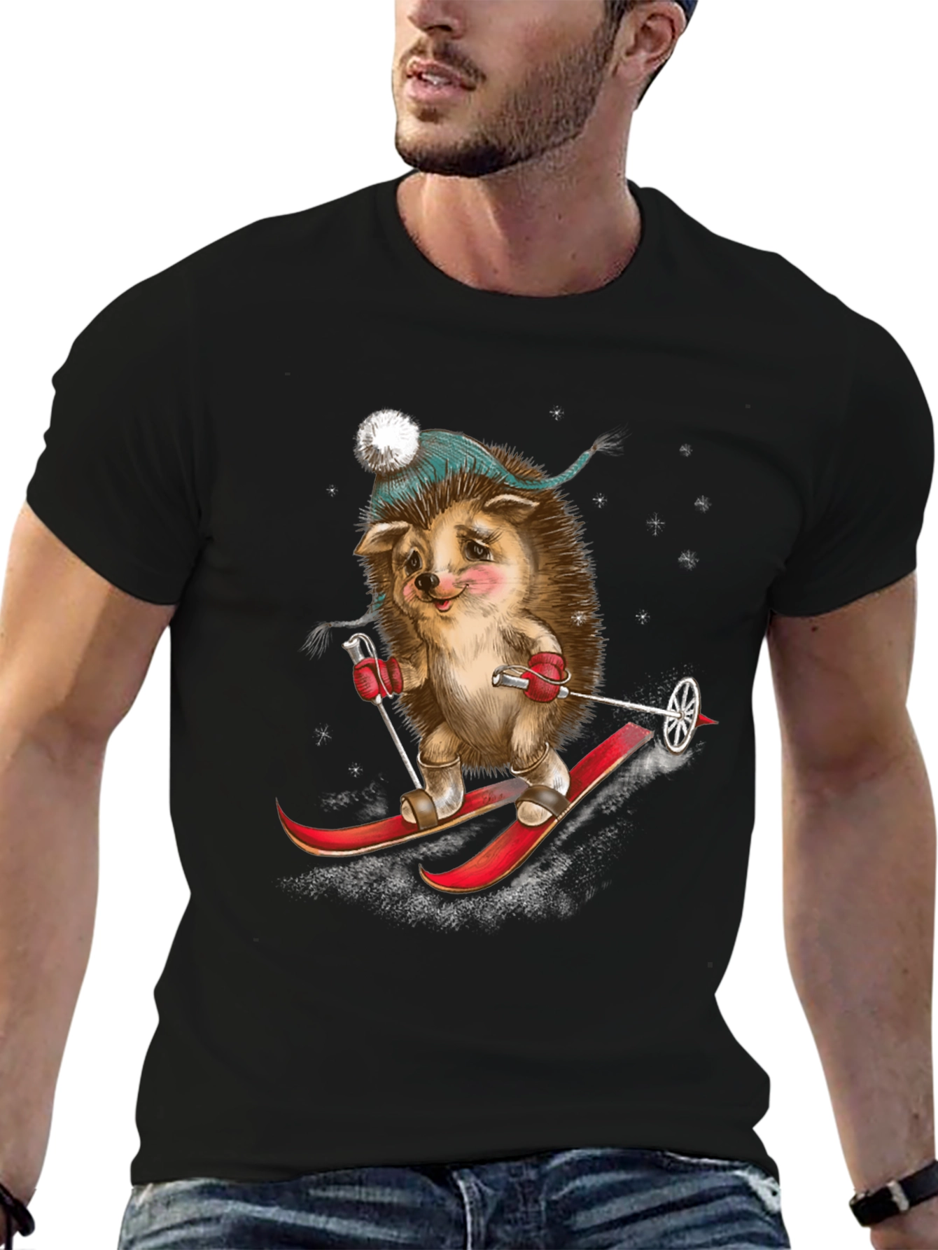 Black Skiing Hedgehog Graphic Tee view 6