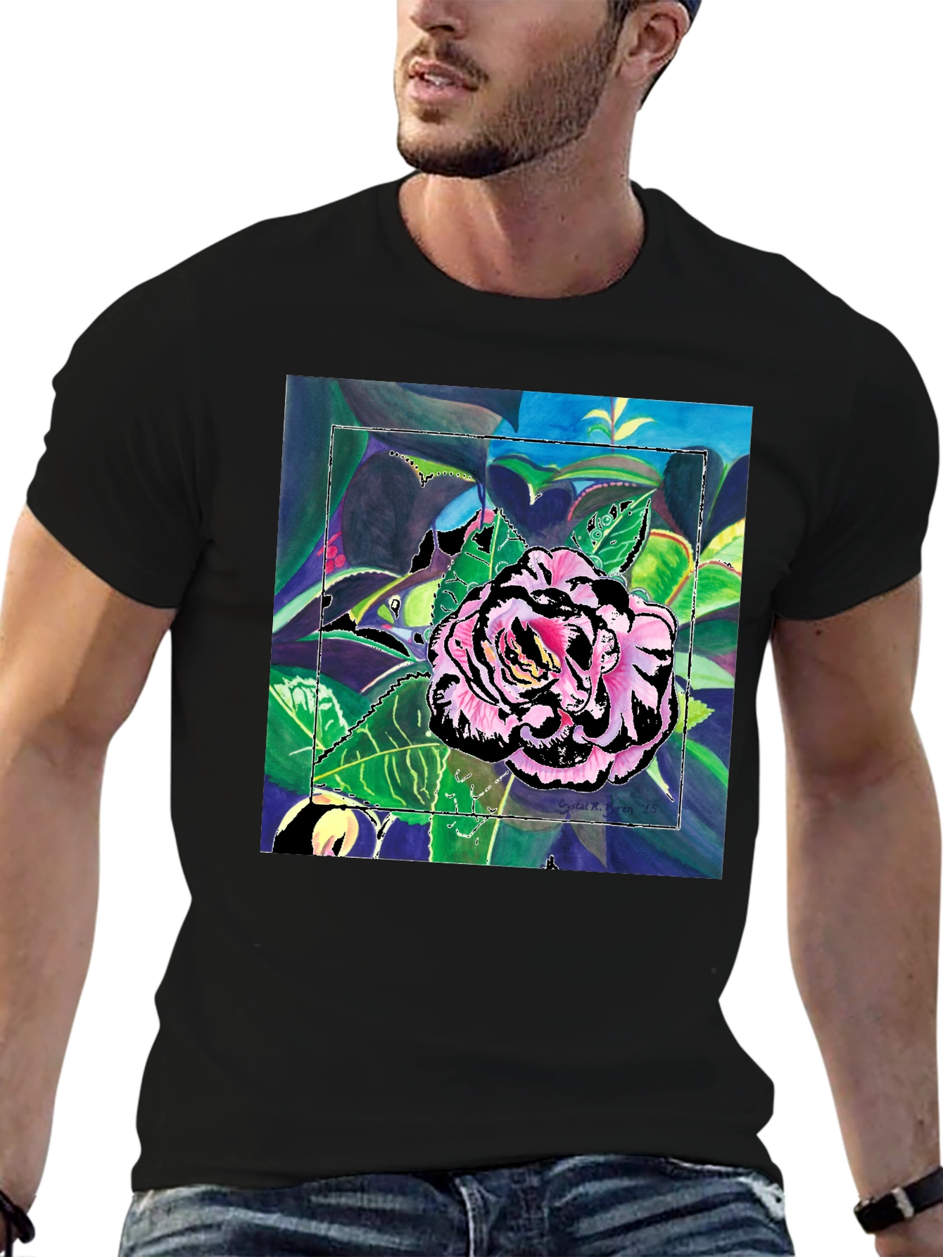 Black Floral Art Print Black T-Shirt view 6