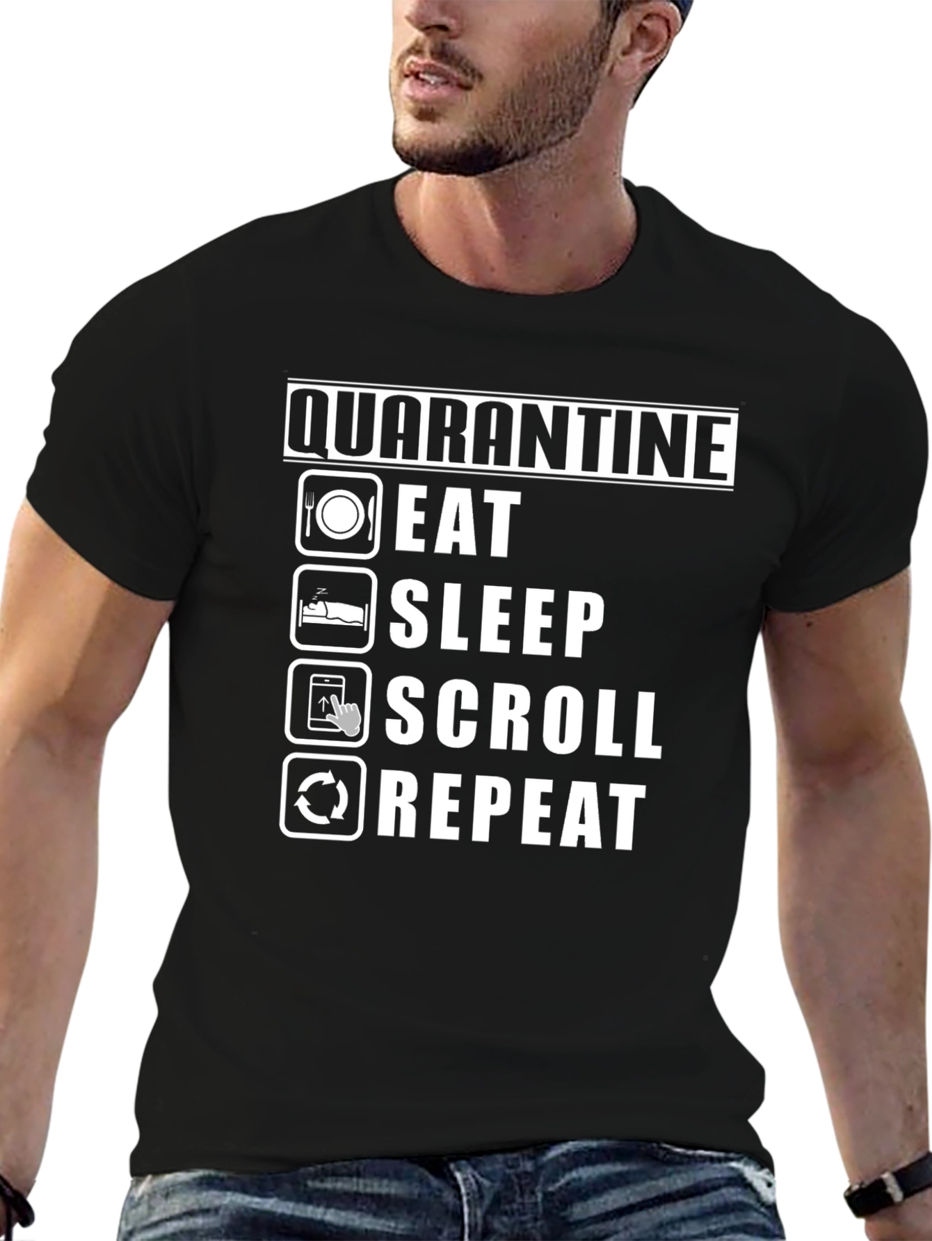 Black Quarantine Eat Sleep Scroll Repeat T-Shirt - Stay Home Edition view 6