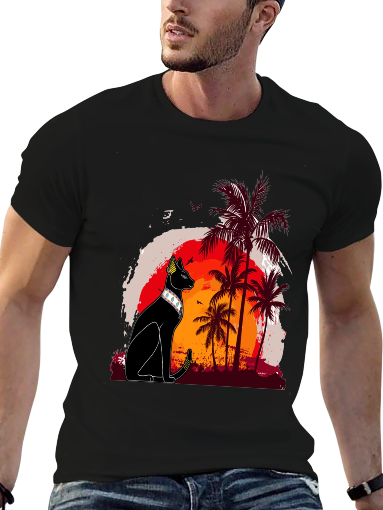 Black Egyptian Cat Palm Sunset Graphic Tee view 6